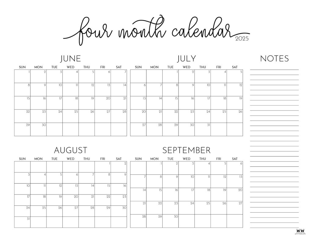 2025 Four Month Calendars - 31 Free Printables | Printabulls with June July August September 2025 Calendar