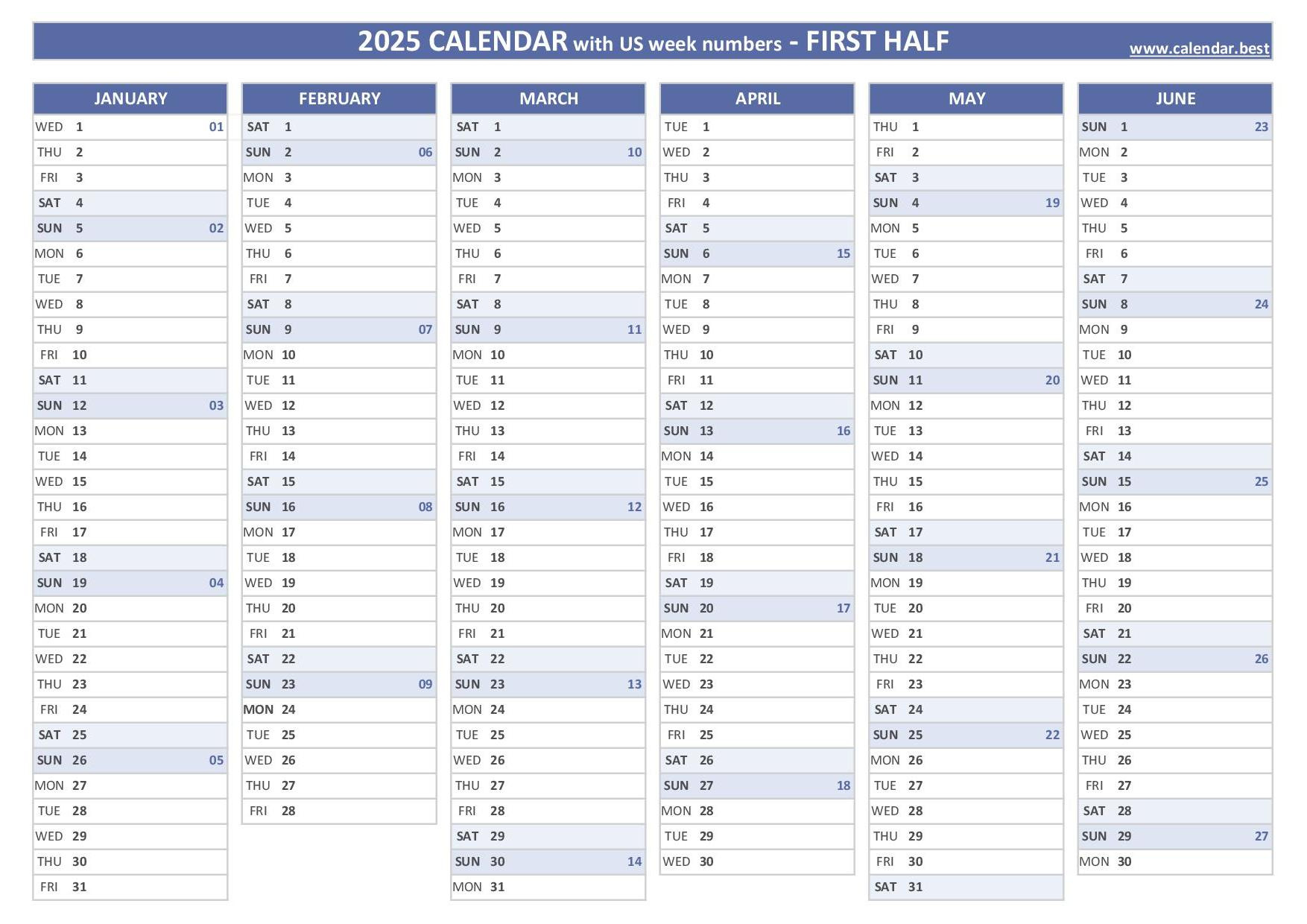 2025 Half Year Calendar To Print for General Blue June 2025 Calendar