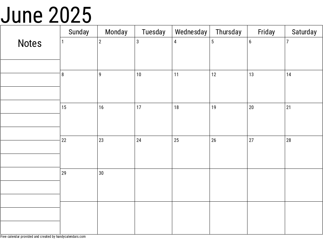 2025 June Calendars - Handy Calendars pertaining to June 2025 Printable Calendar With Notes
