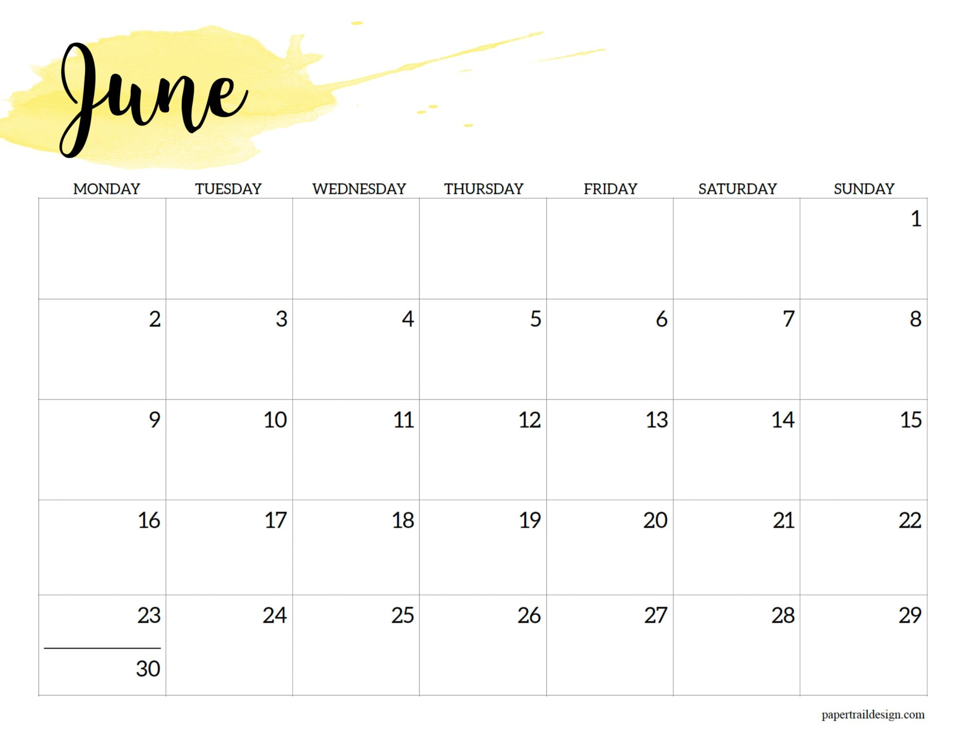2025 Monday Start Calendar Printable - Watercolor - Paper Trail Design with June 2025 Calendar Monday Start