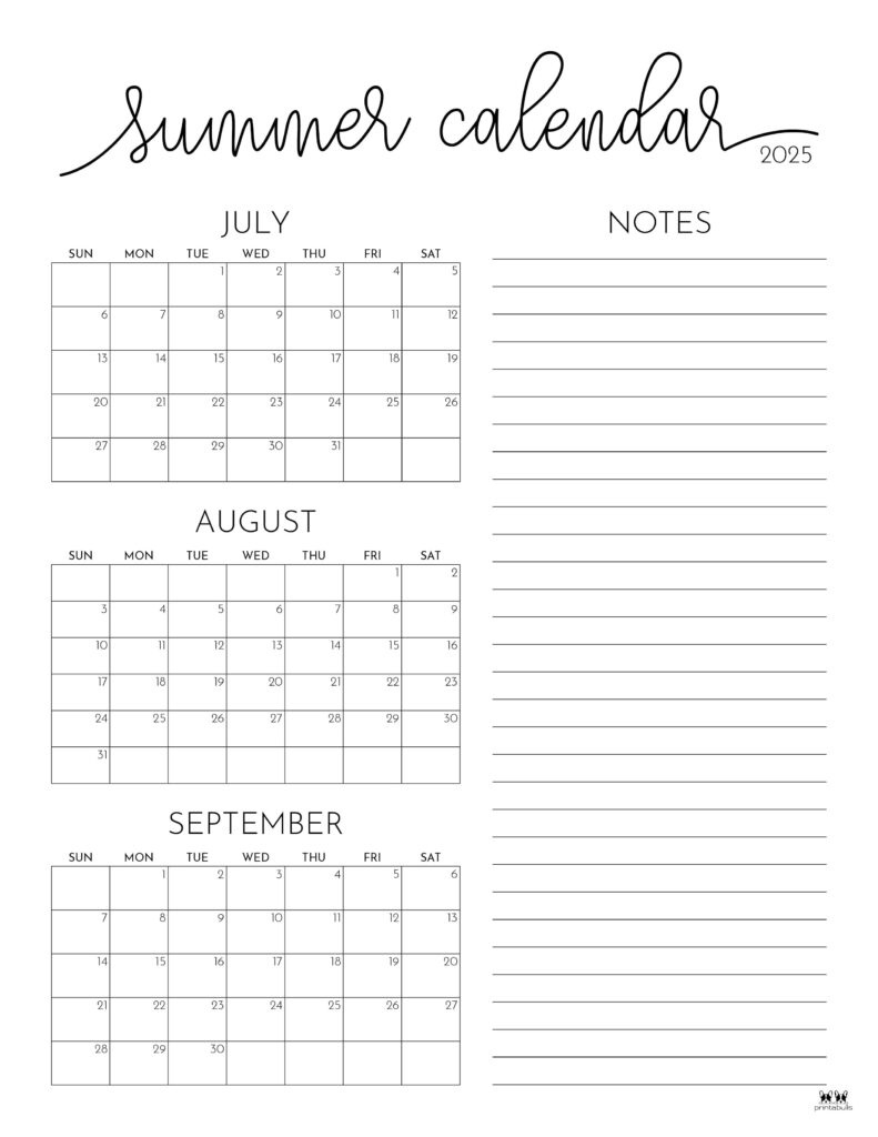2025 Summer Calendars - 27 Free Printables | Printabulls for June July And August 2025 Printable Calendar
