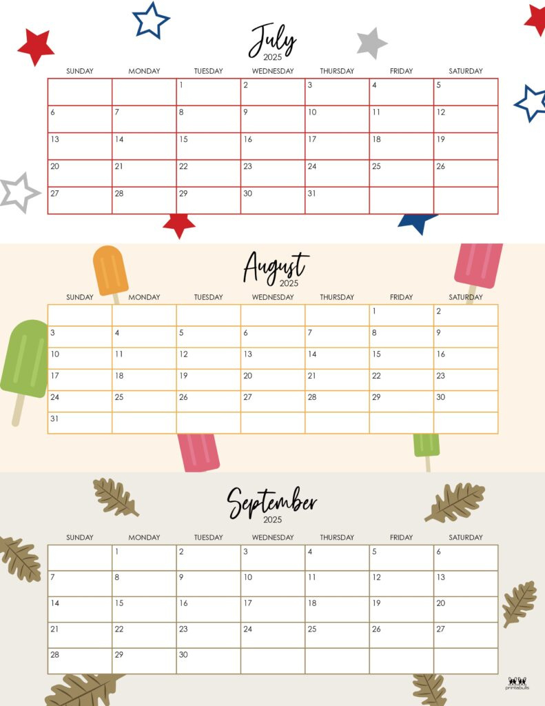 2025 Summer Calendars - 27 Free Printables | Printabulls pertaining to June July and August 2025 Printable Calendar