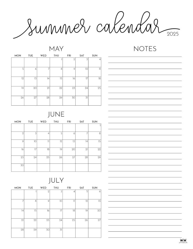 2025 Summer Calendars - 27 Free Printables | Printabulls regarding June and July 2025 Calender