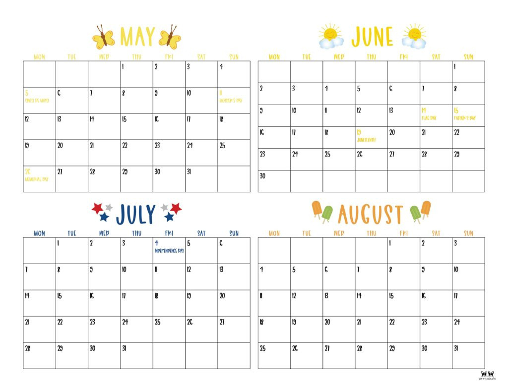 2025 Summer Calendars - 27 Free Printables | Printabulls throughout Printable June July August 2025 Calendar