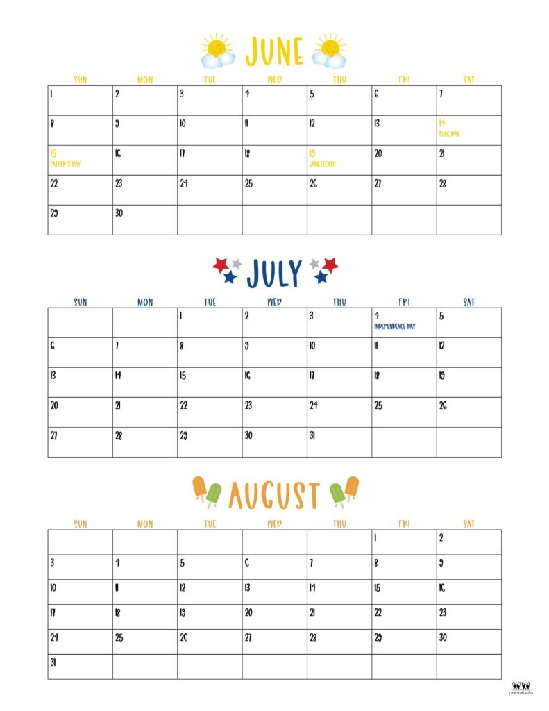 2025 Summer Calendars - 27 Free Printables | Printabulls with regard to June August Calendar 2025