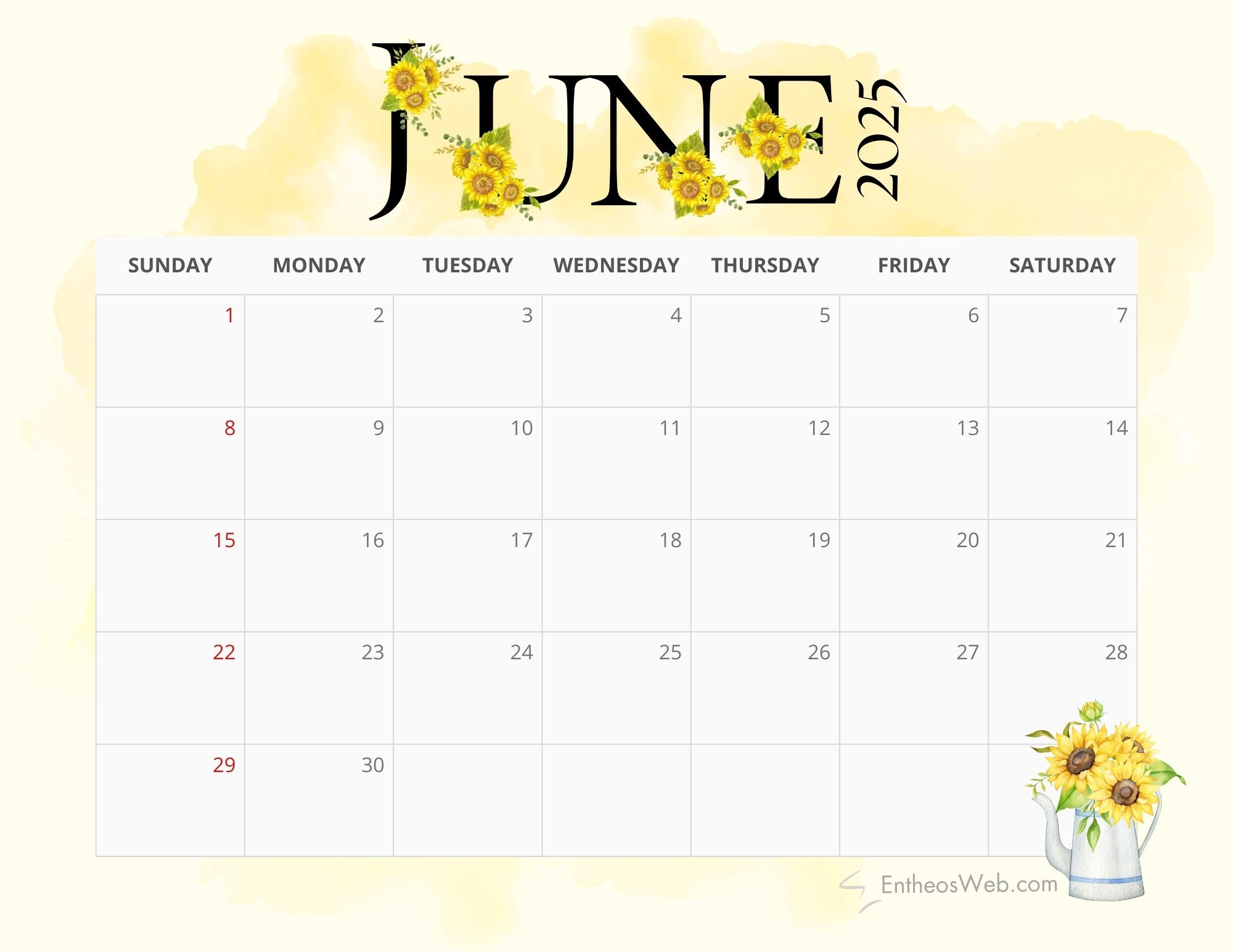 2025 Sunflowers Calendar Printable | Entheosweb throughout Sunflower June 2025 Calendar