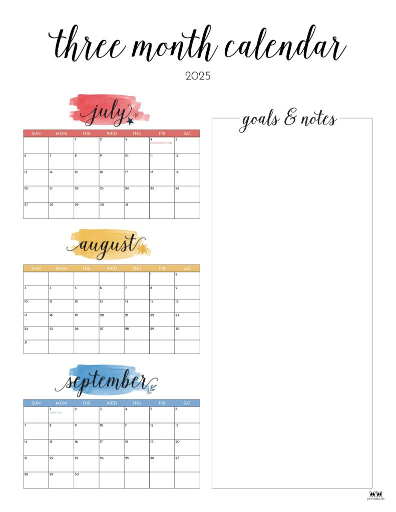 2025 Three Month/Quarterly Calendars - 36 Free Cals | Printabulls throughout 3 Month Calendar Printable June July August 2025