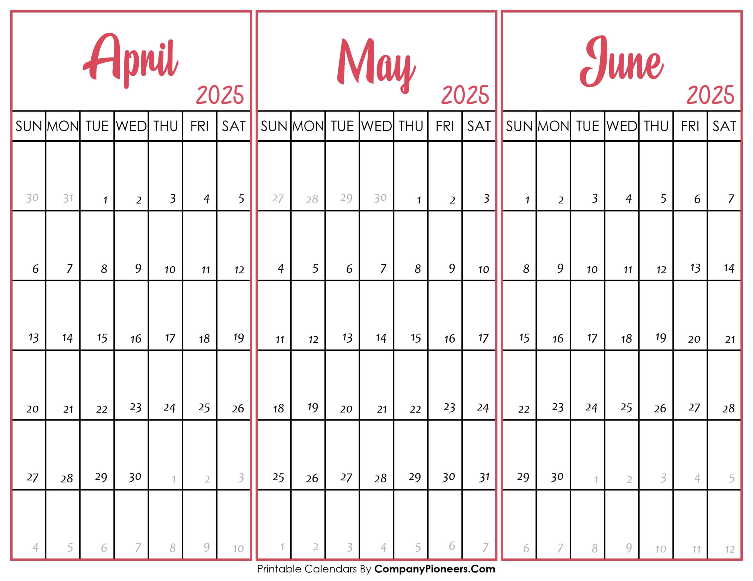 April May June 2025 Calendar Printable - Template in Calendar April May June 2025
