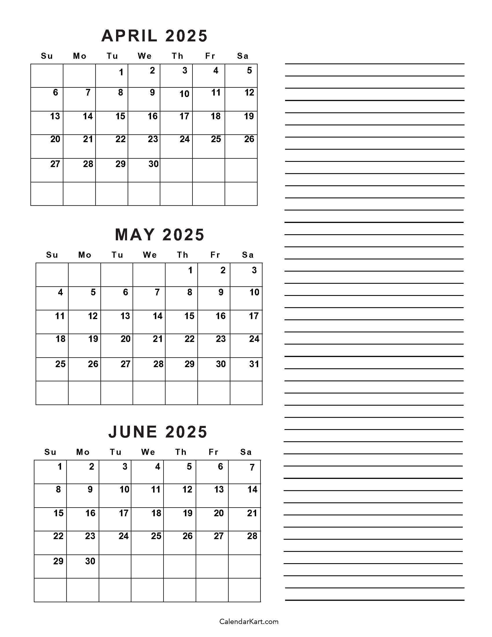 April To June 2025 Calendars (Q2): Free Printables for April May June Calendar Printable