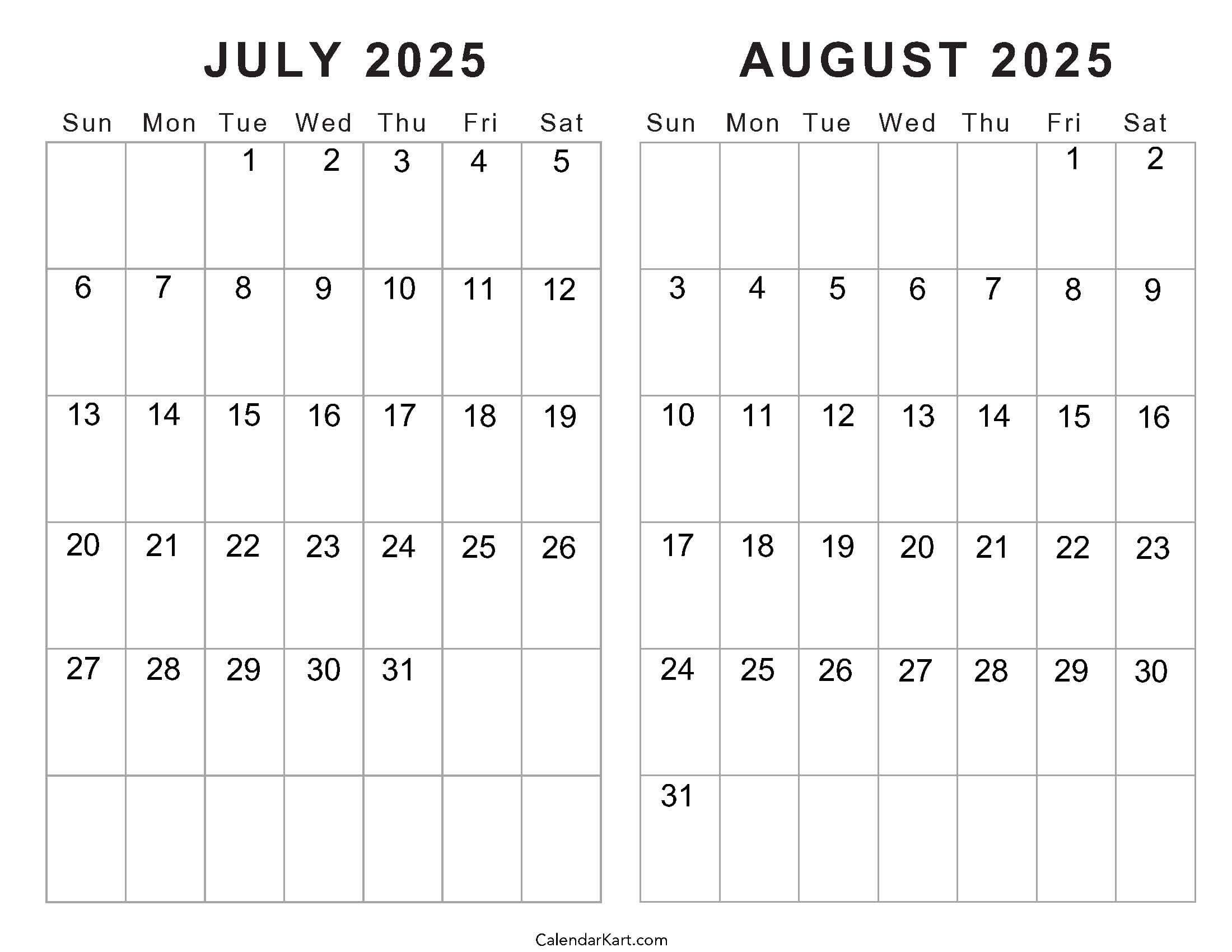Free Printable July August 2025 Calendar | Calendarkart throughout June July August 2025 Calendar Editable