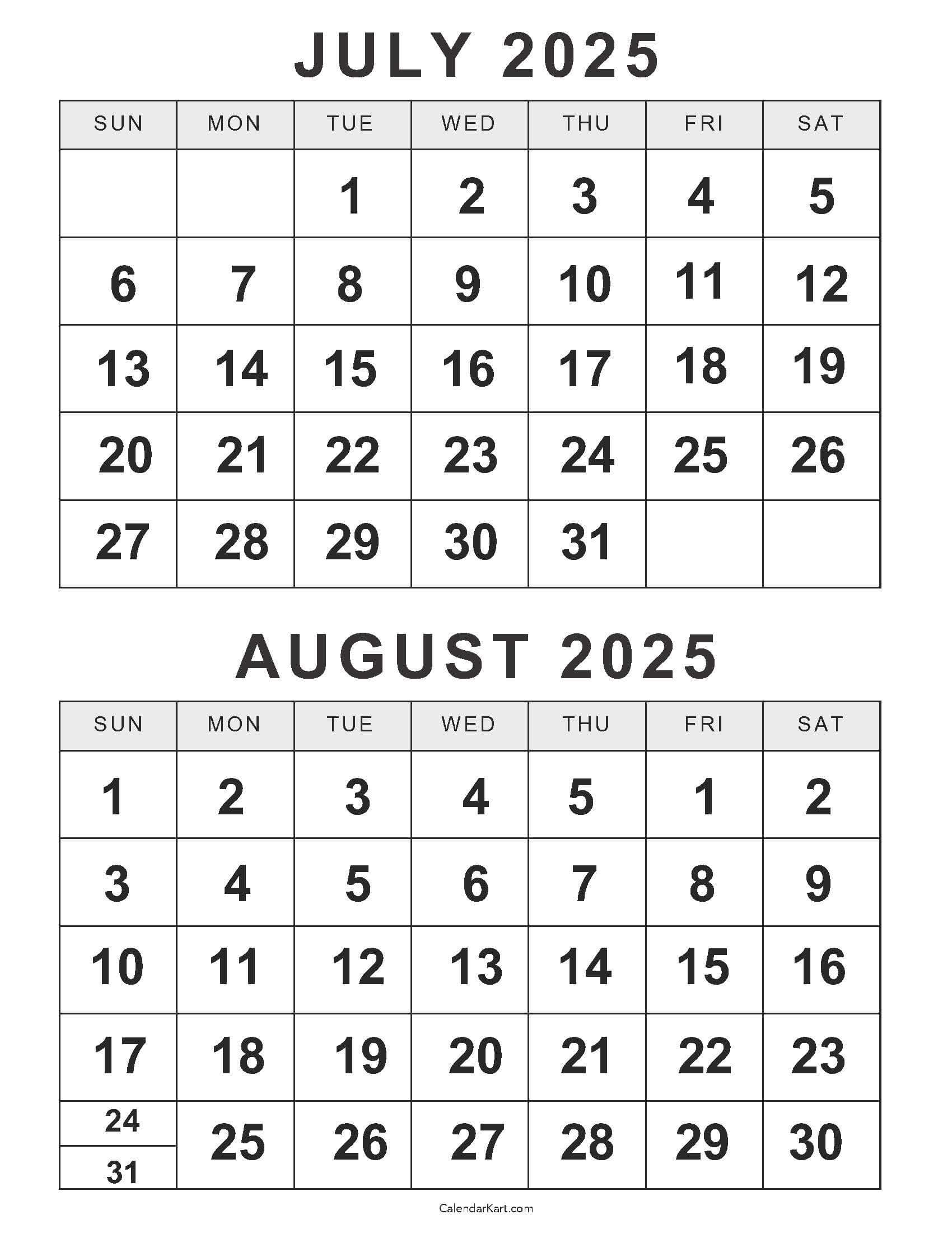 Free Printable July August 2025 Calendar | Calendarkart with regard to June July August 2025 Calendar Editable