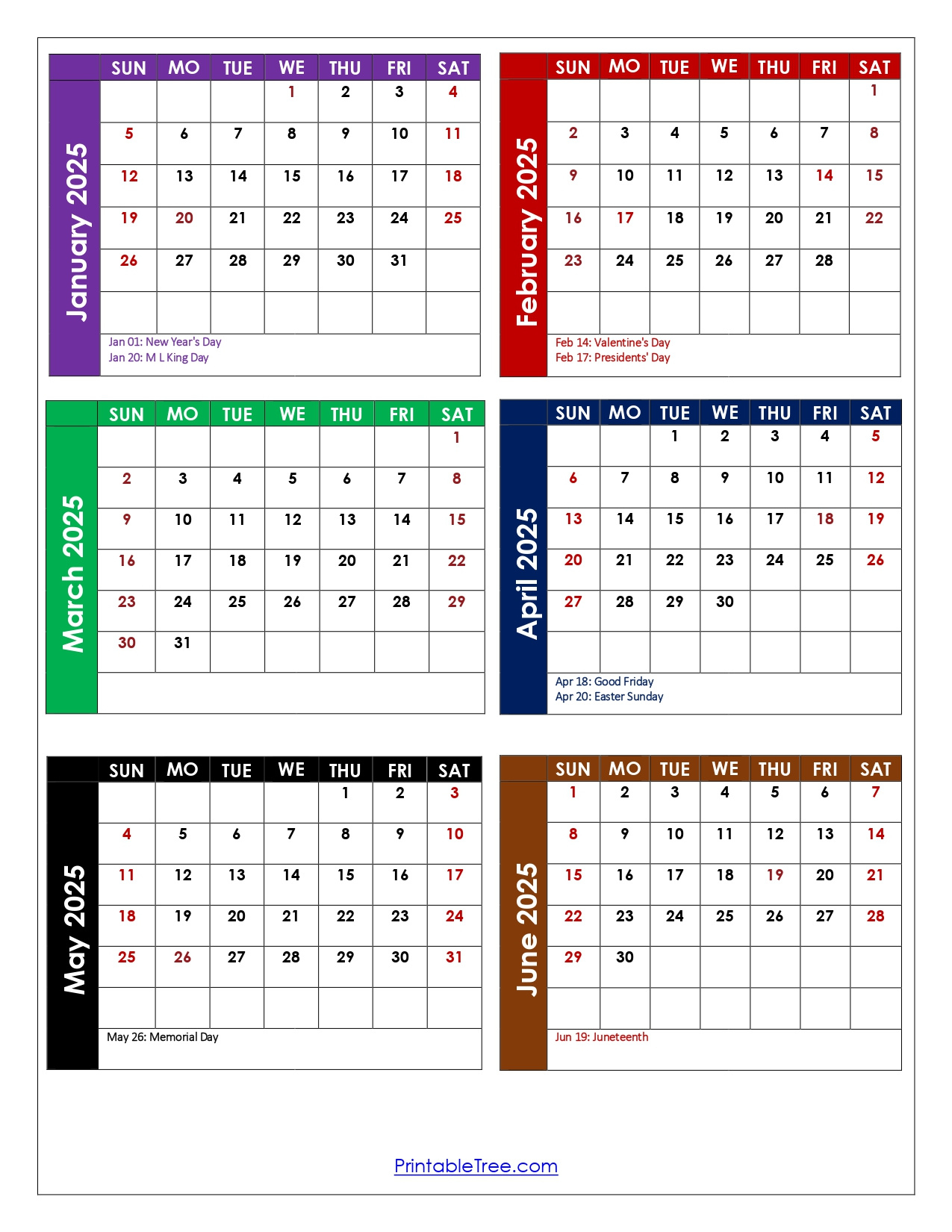 January To June 2025 Calendar Printable Pdf | Si Months Calendar with January to June 2025 Calendar Printable
