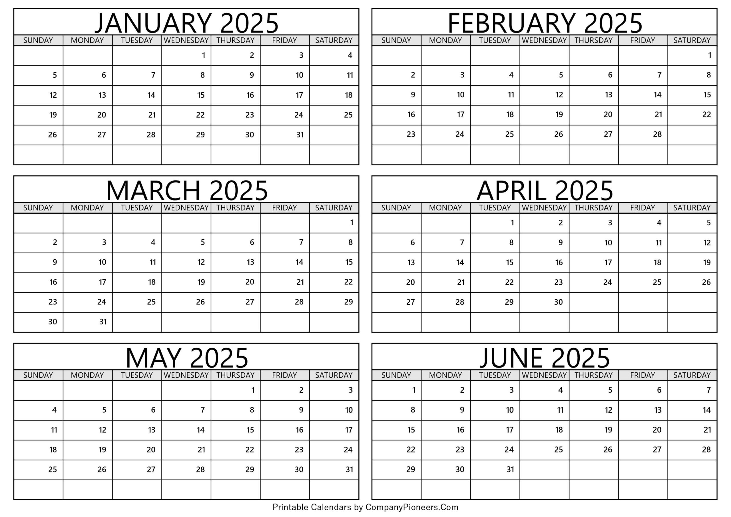 January To June 2025 Calendar Printable - Template in January To June 2025 Calendar
