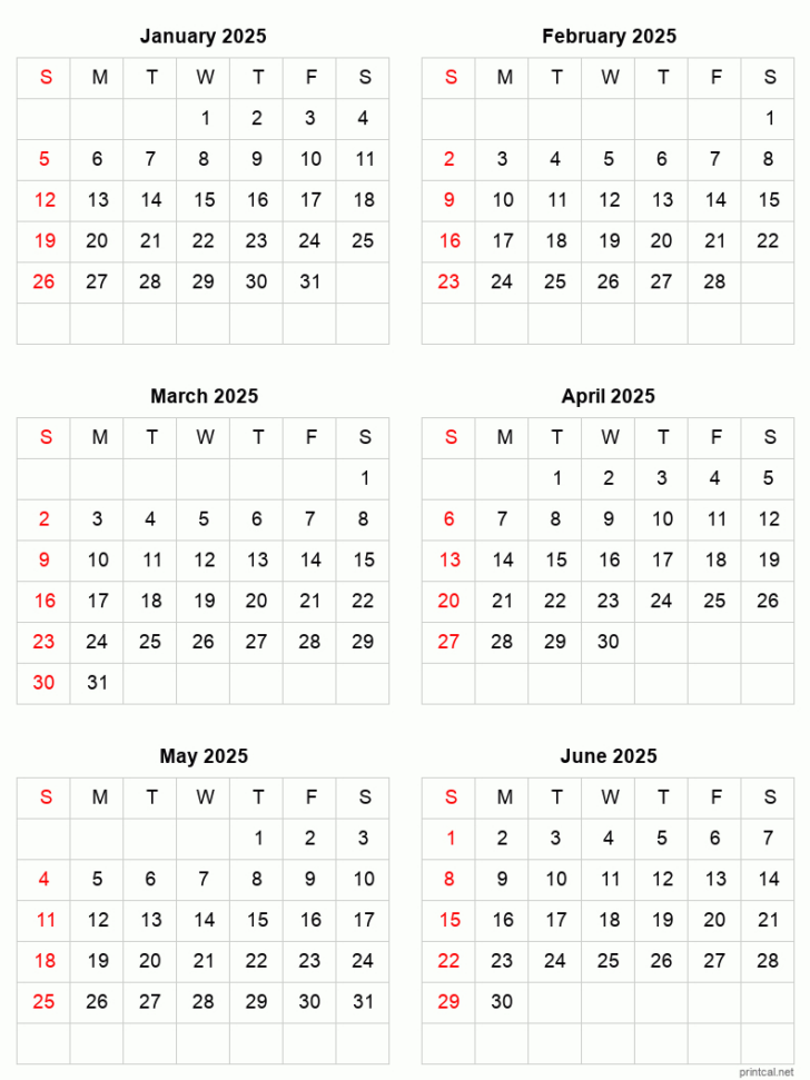January – June 2025 Calendar