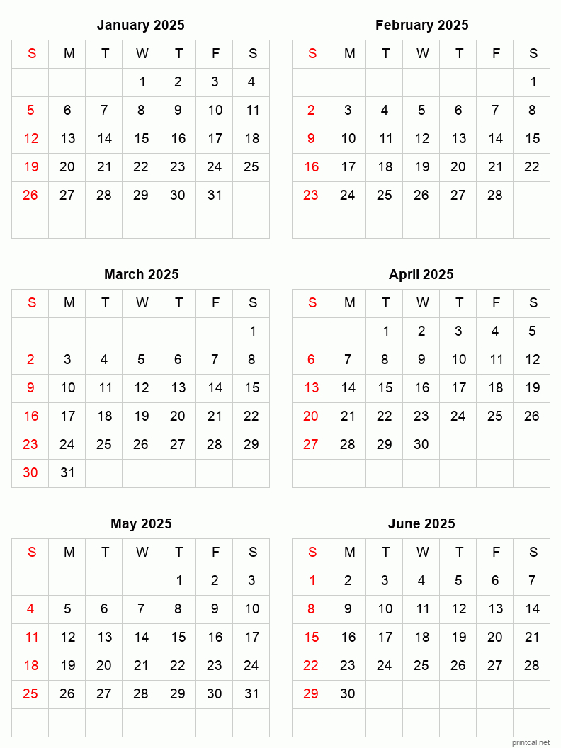 January To June 2025 Printable Calendar | Six Months Per Page throughout January to June 2025 Calendar