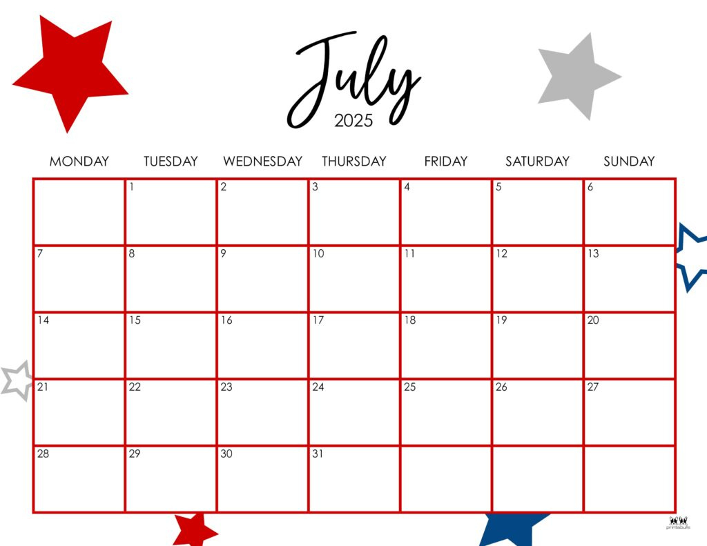 July 2025 Calendars - 107 Free Printables | Printabulls in July 2025 June 2025 Calendar Printable