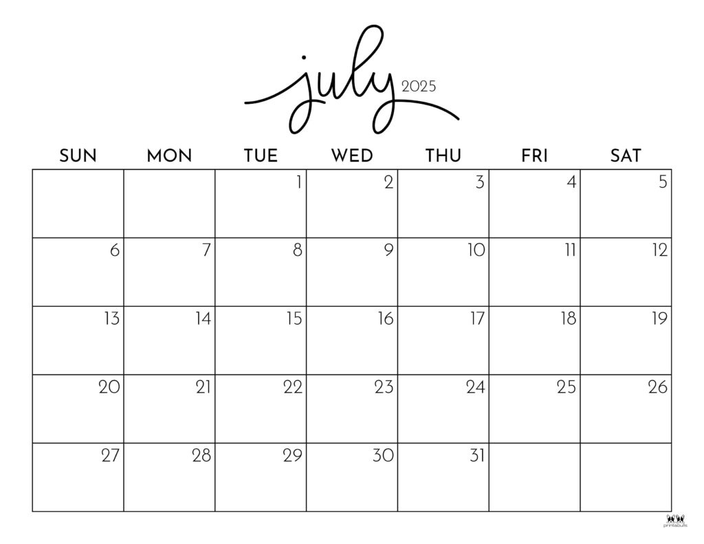 July 2025 Calendars - 107 Free Printables | Printabulls within Calendar Of June and July 2025