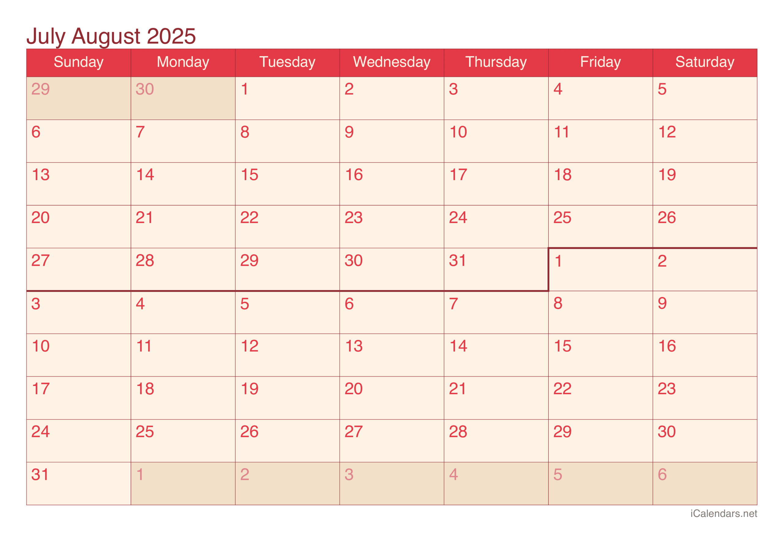 July And August 2025 Printable Calendar inside June July And August Calendar 2025