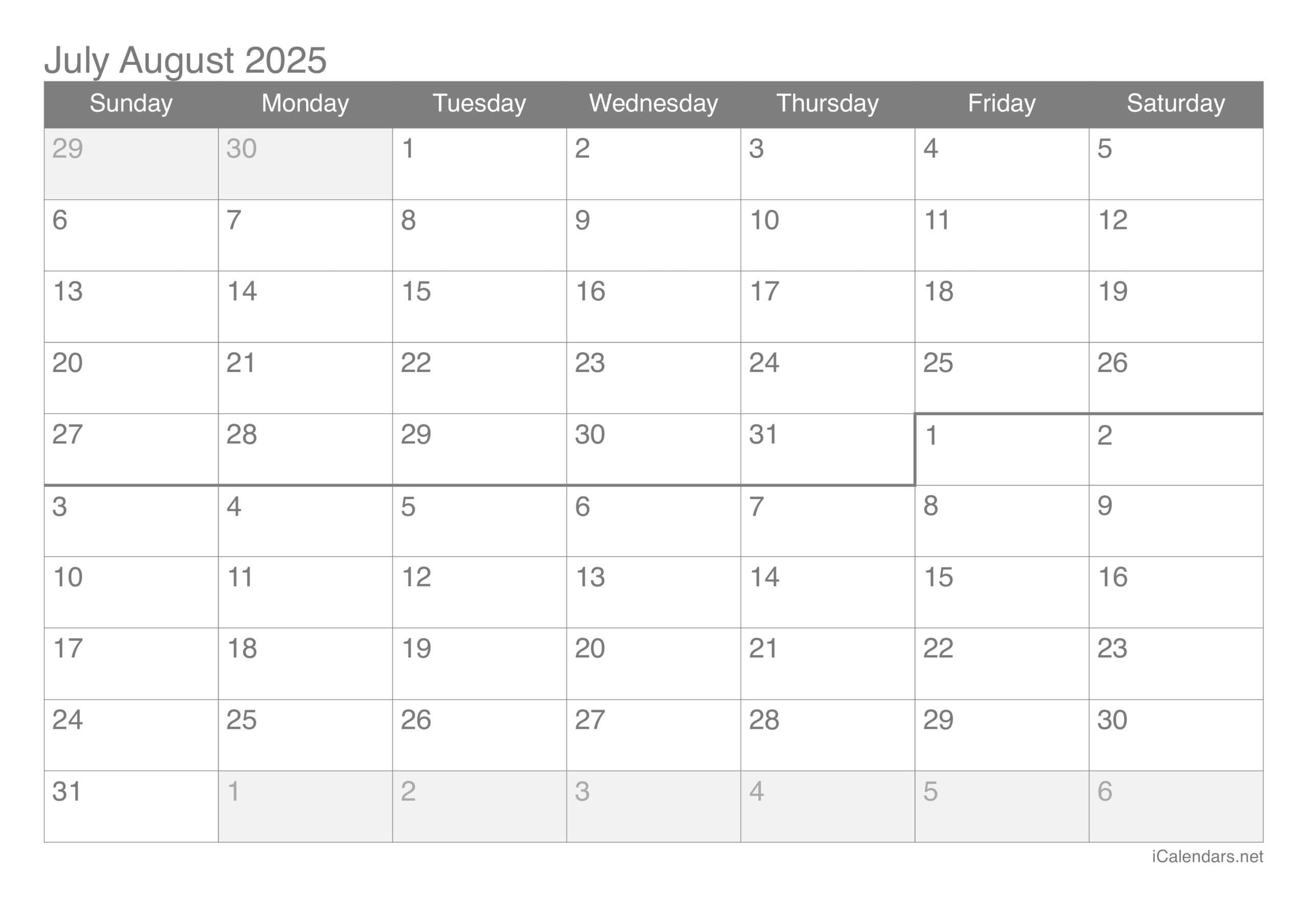 July And August 2025 Printable Calendar within Blank June July August 2025 Calendar