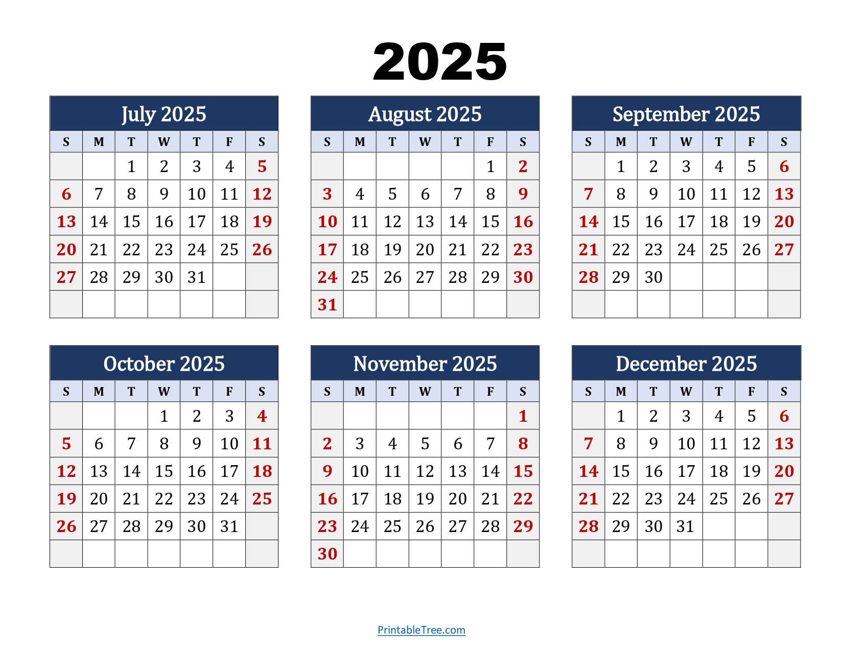 July To December 2025 Calendar Printable Pdf | Six Months Calendar in June 2025 to December 2025 Calendar