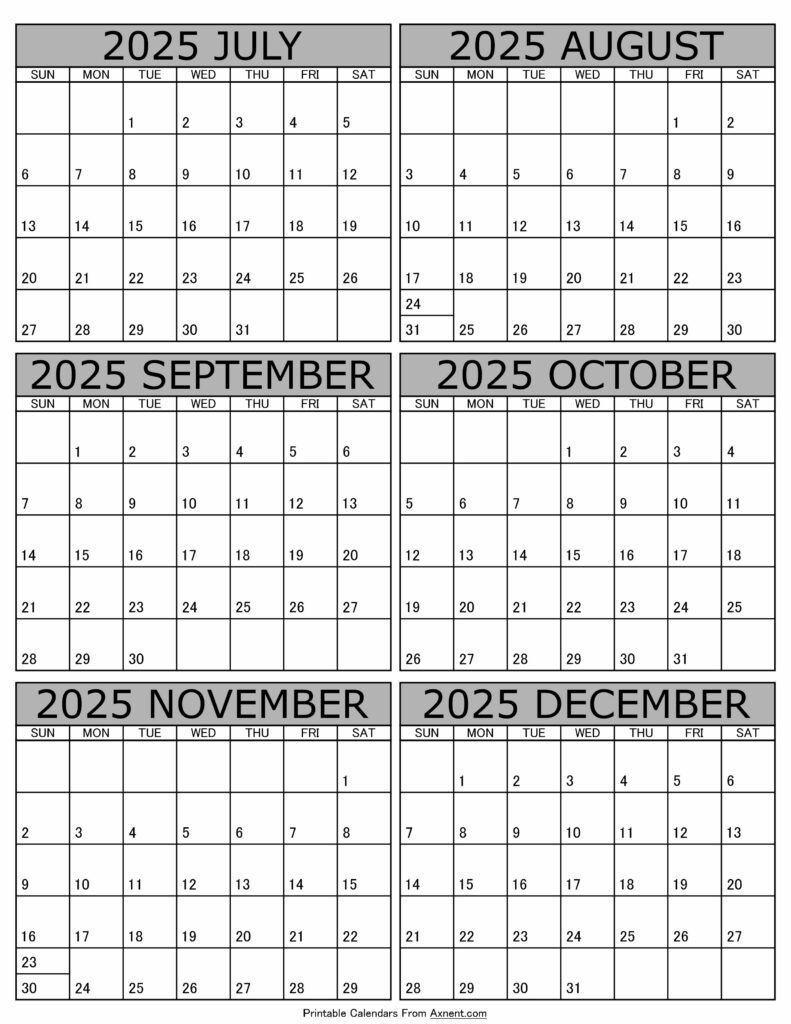 July To December 2025 Calendar Templates - Six Months for June 2025 to December 2025 Calendar