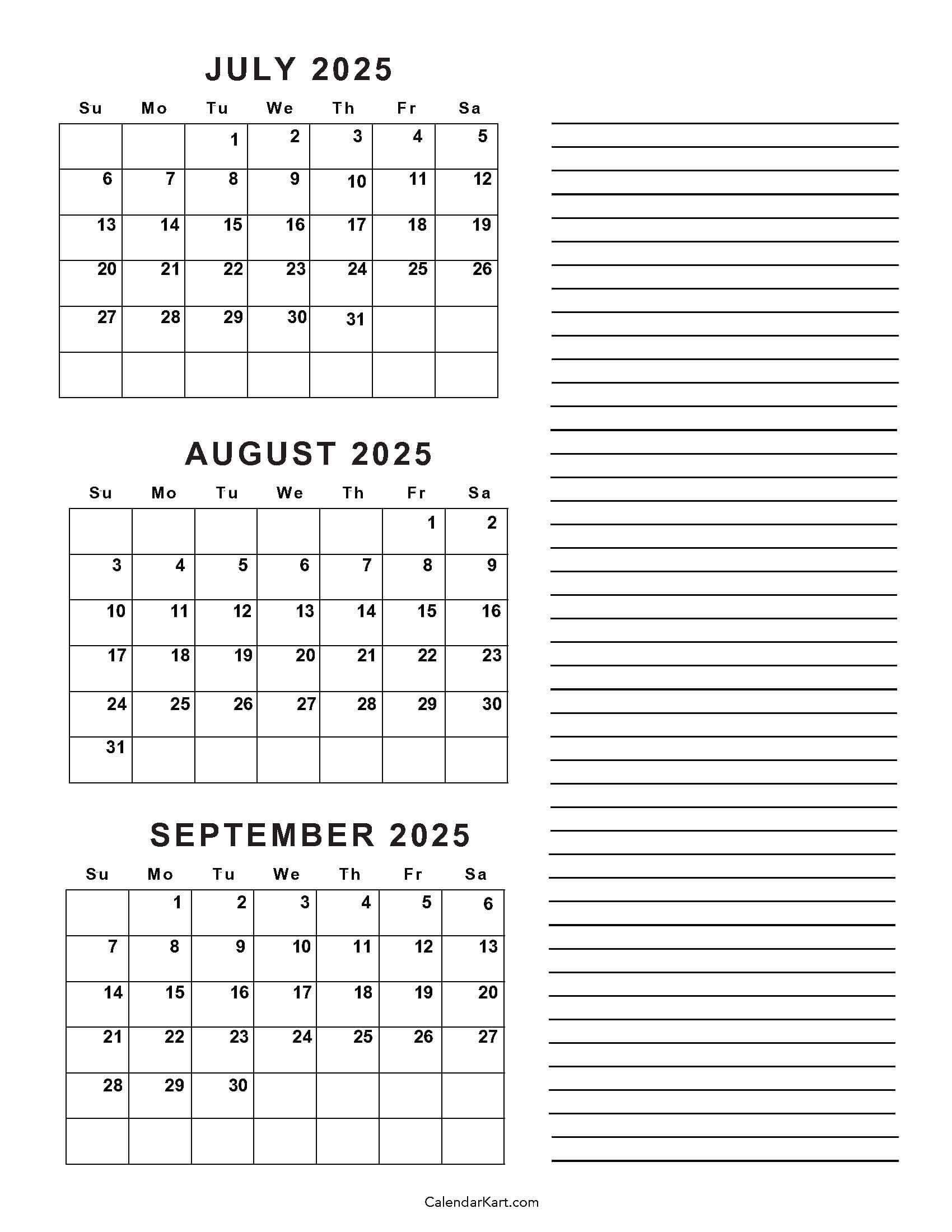 July To September 2025 Calendar (Q3) - Calendarkart throughout June July August September 2025 Calendar