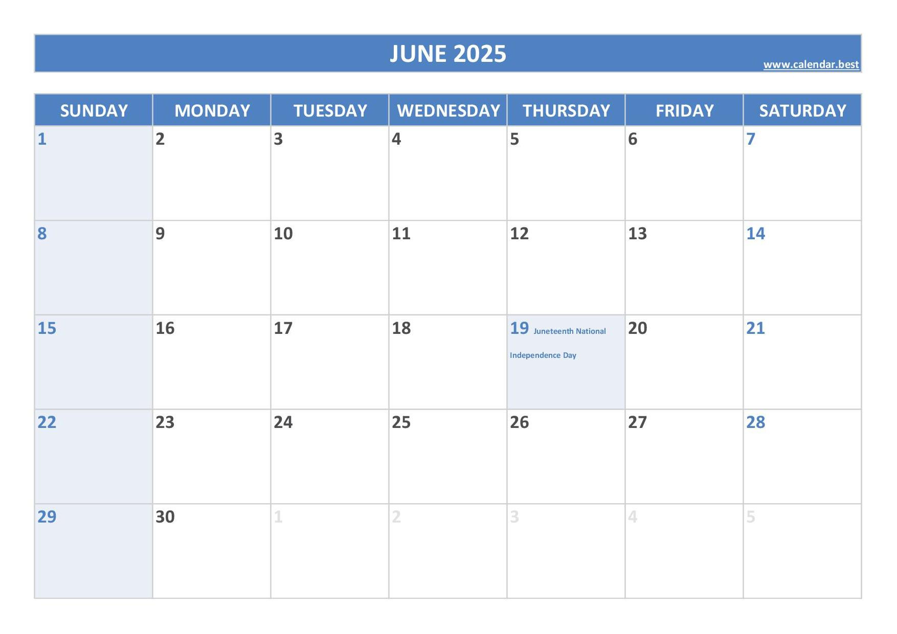 June 2025 Calendar -Calendar.best in June 2025 Printable Calendar With Holidays