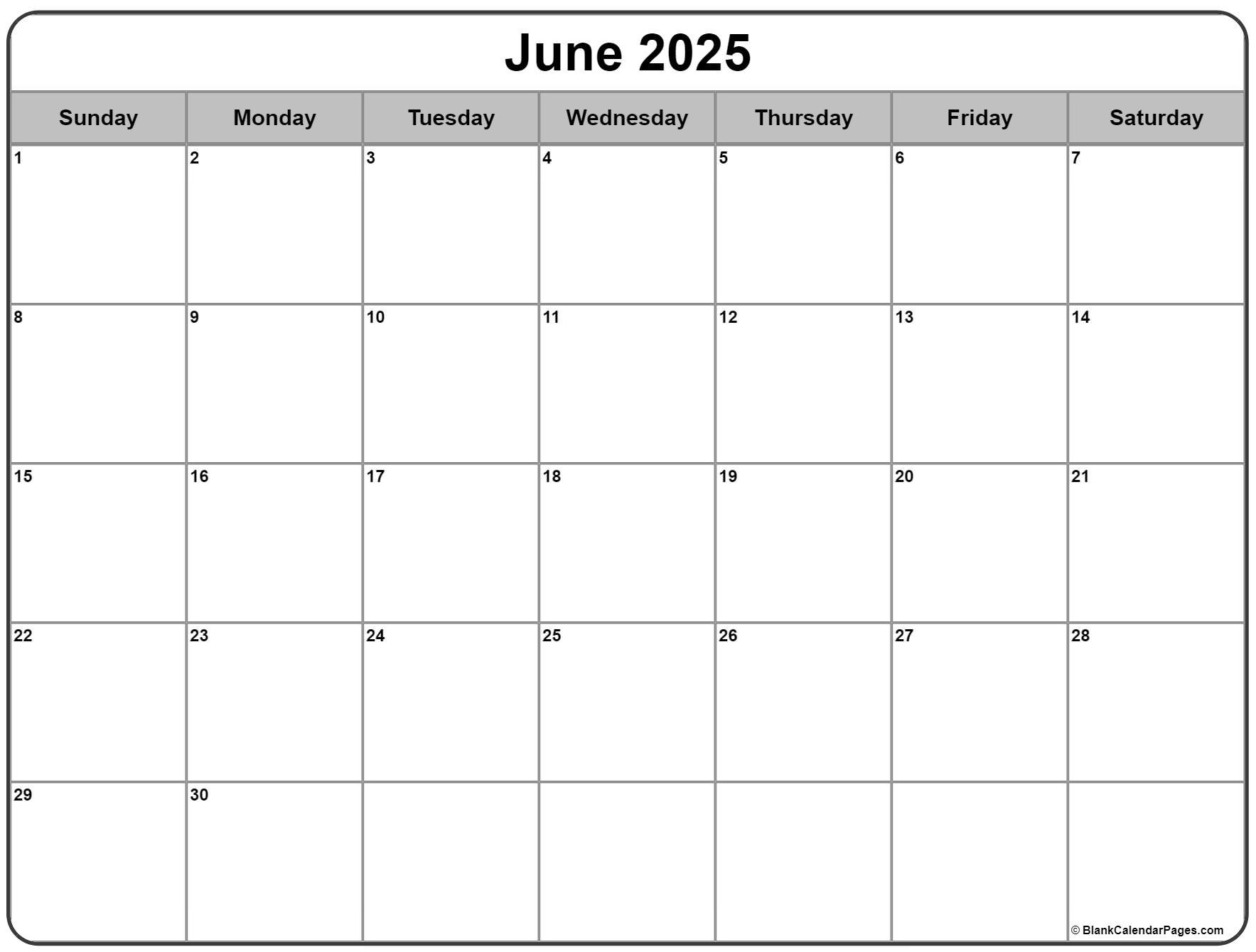 June 2025 Calendar | Free Printable Calendars in Blank June Calendar 2025