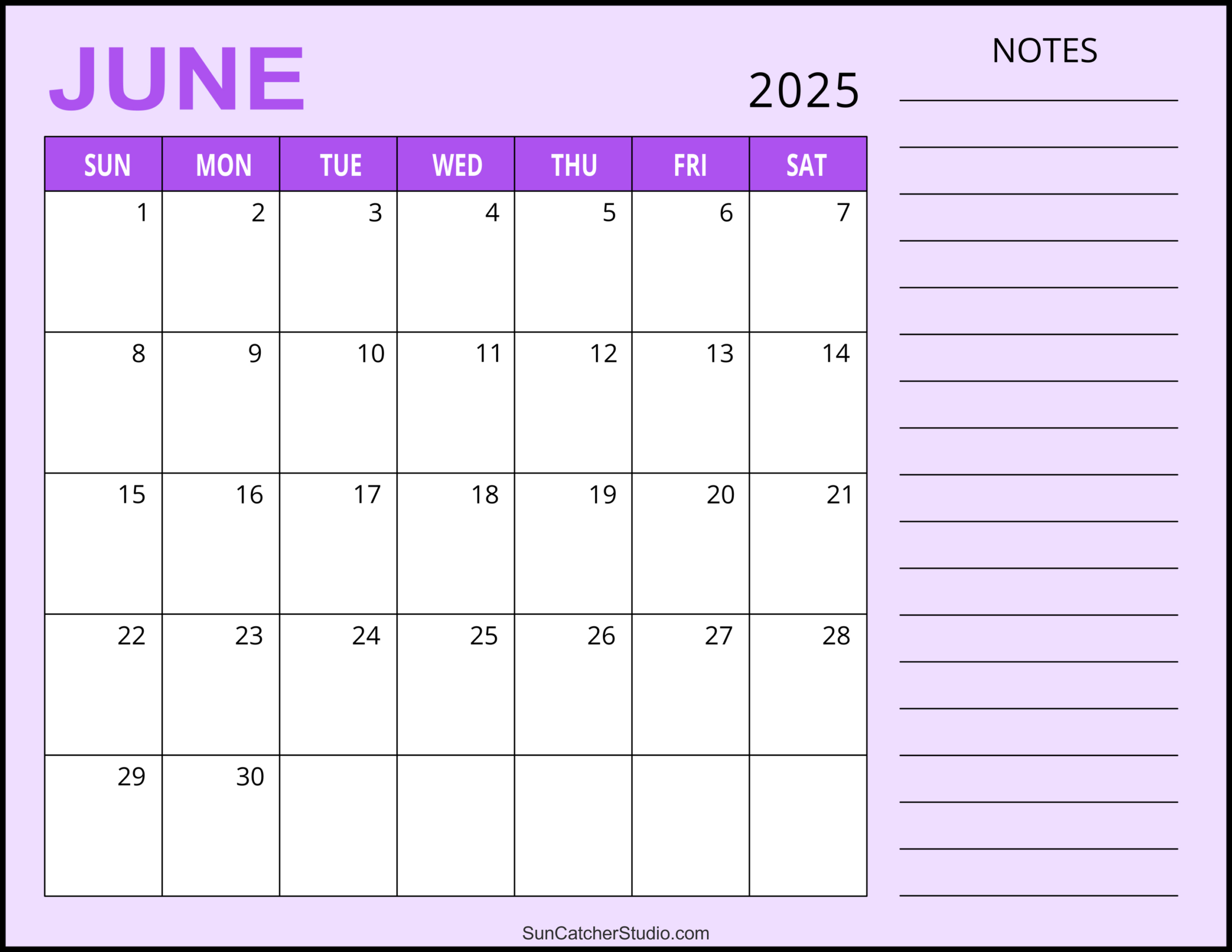 June 2025 Calendar (Free Printable) – Free Printables, Monograms with June 2025 Printable Calendar with Notes