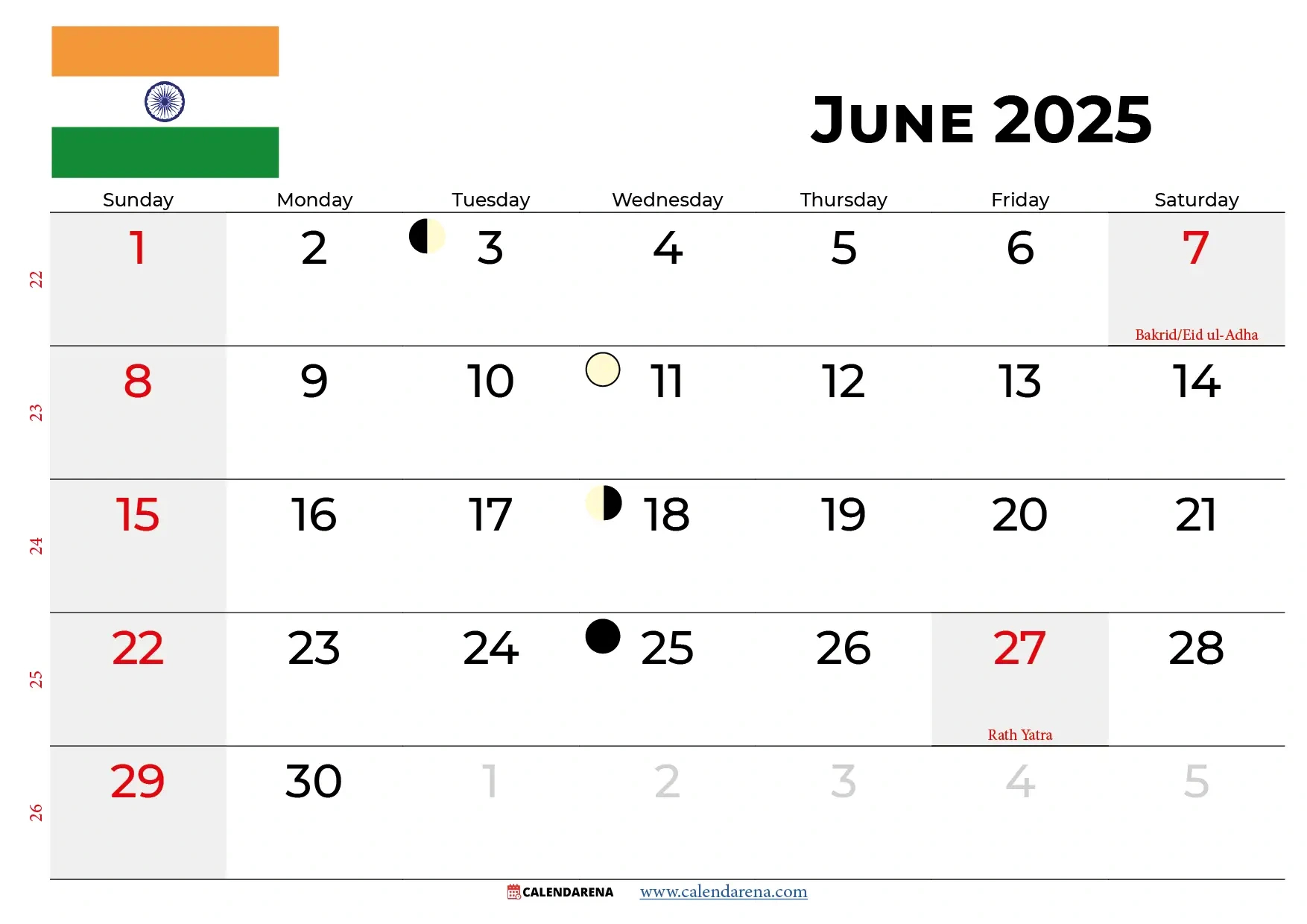 June 2025 Calendar India in Calendar June 2025 with Holidays