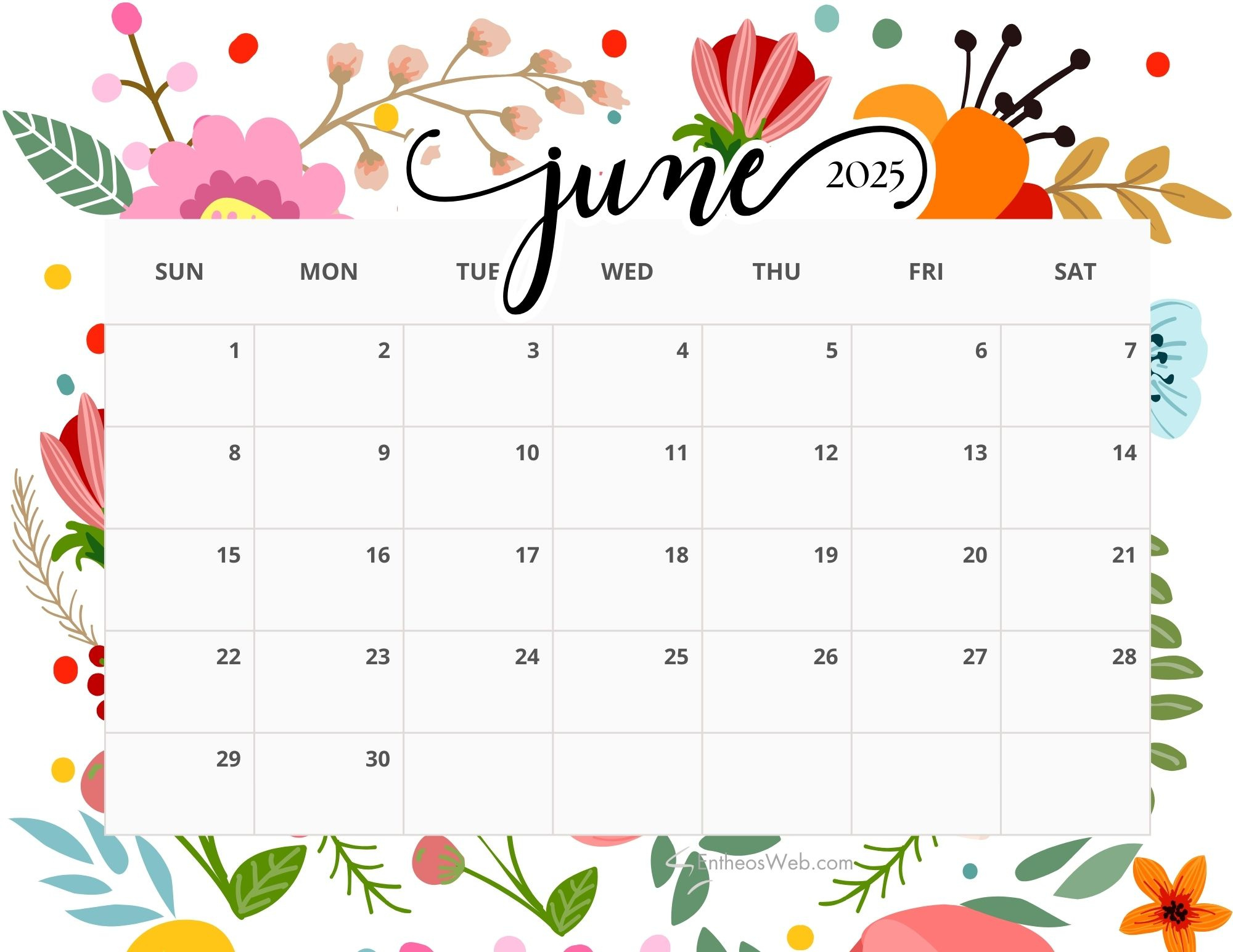 June 2025 Calendar Printables | Entheosweb inside June Calendar Print Out 2025