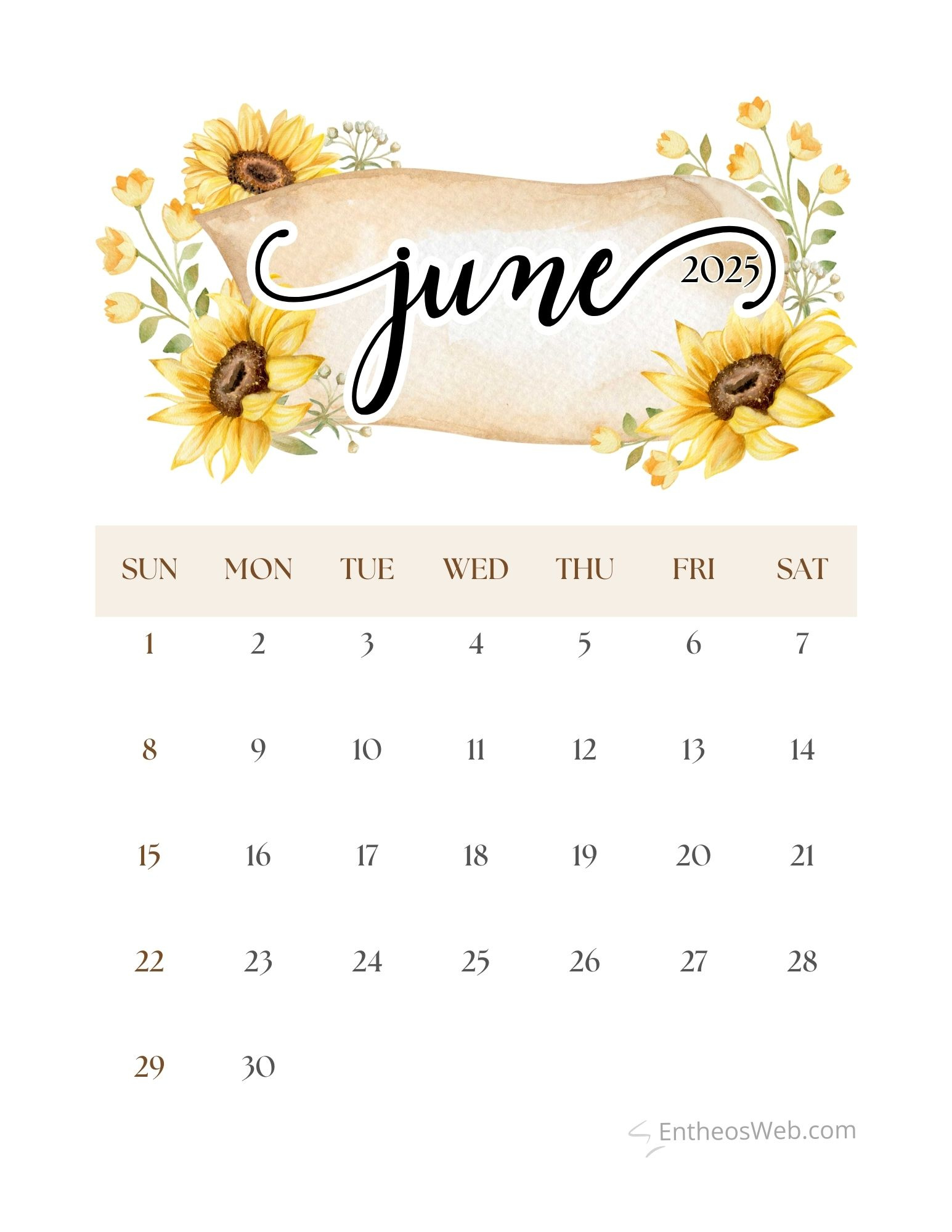 June 2025 Calendar Printables | Entheosweb with regard to Sunflower June 2025 Calendar