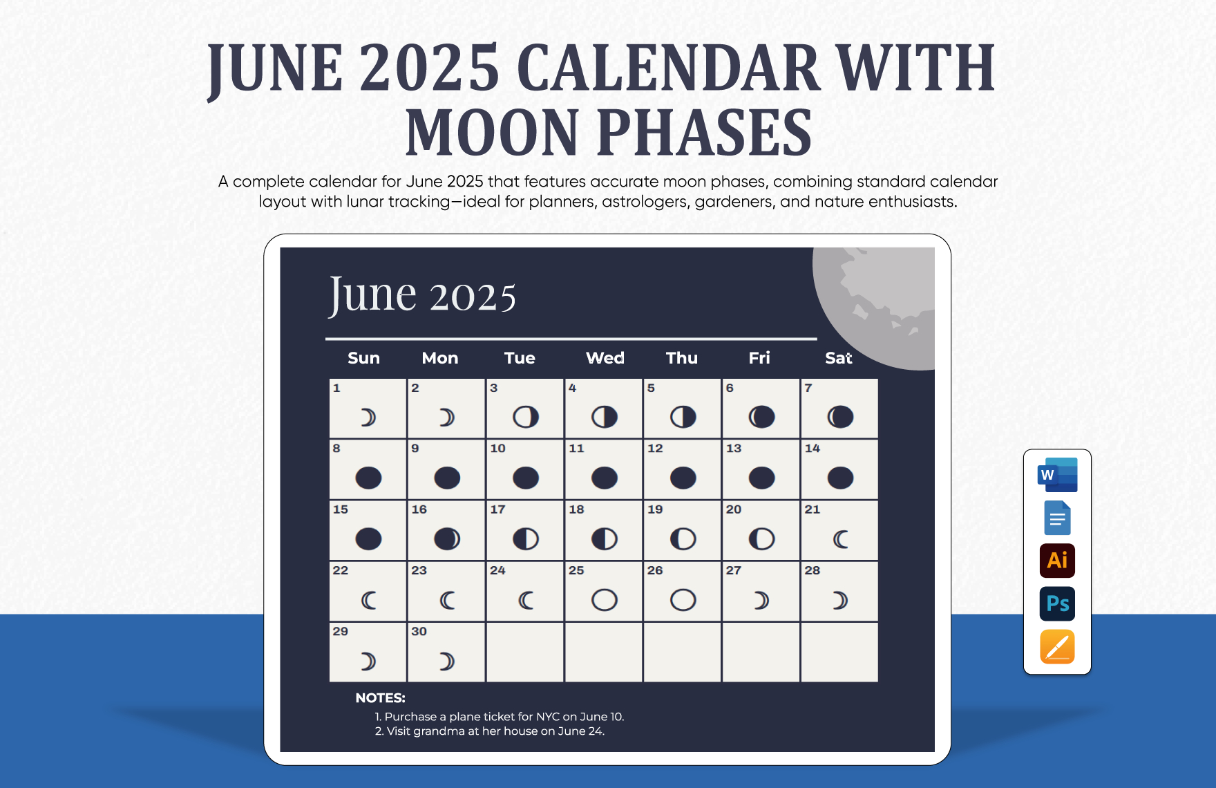 June 2025 Calendar Template With Moon Phases In Psd, Illustrator intended for Moon Calendar 2025 June