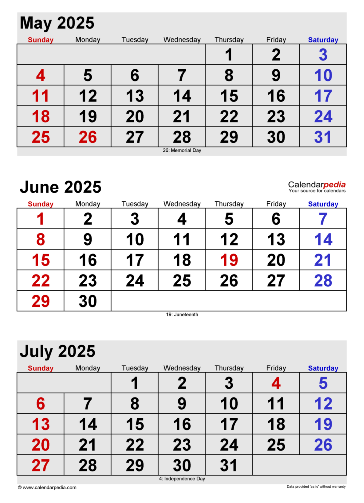 May June July 2025 Calender