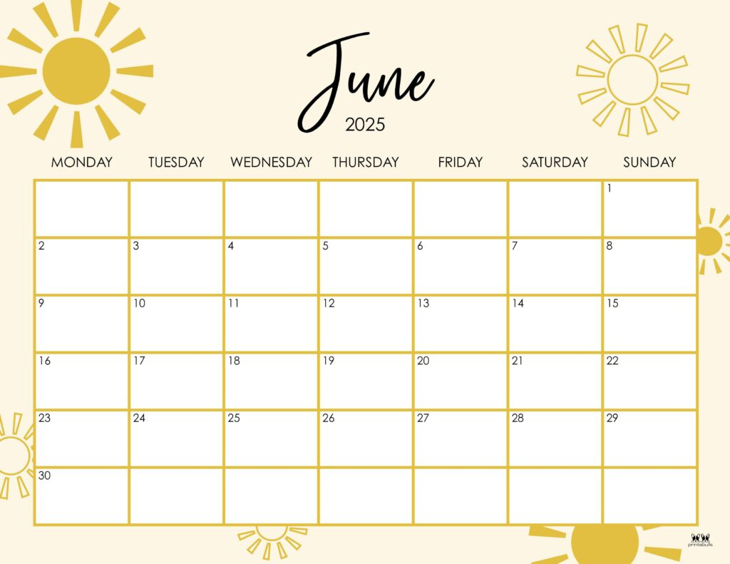June 2025 Calendars - 107 Free Printables | Printabulls for June 2025 Calendar Monday Start
