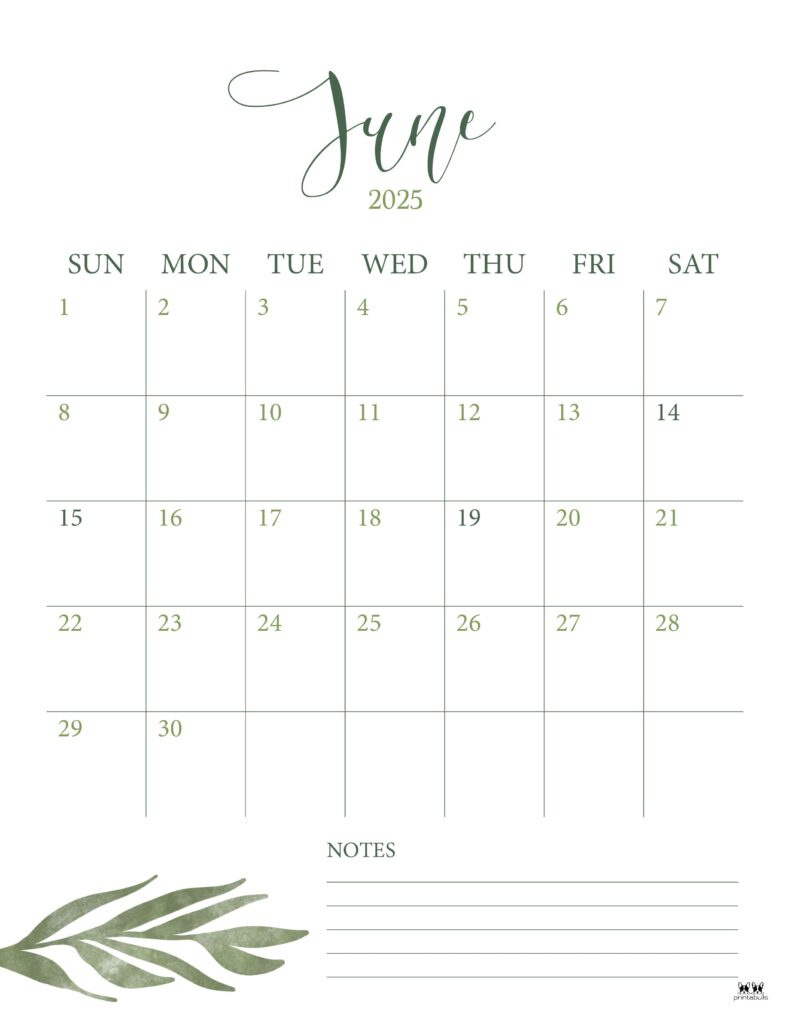 June 2025 Calendars - 107 Free Printables | Printabulls throughout June 2025 Printable Calendar with Notes