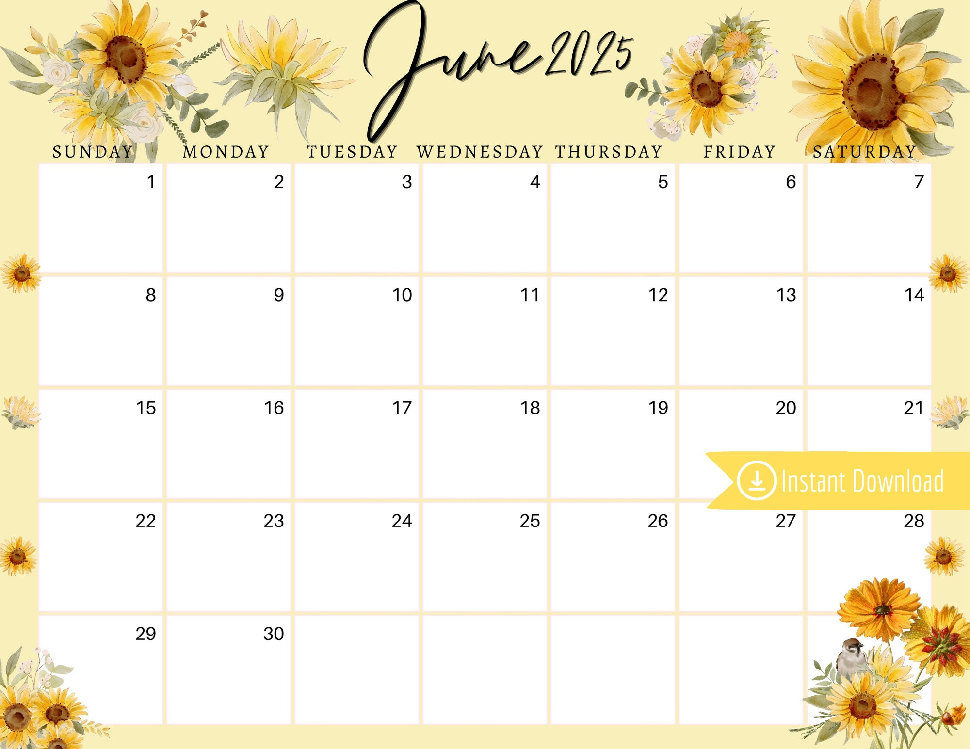 June 2025 Digital Calendar - Yellow Sunflowers Planner Editable with regard to Sunflower June 2025 Calendar