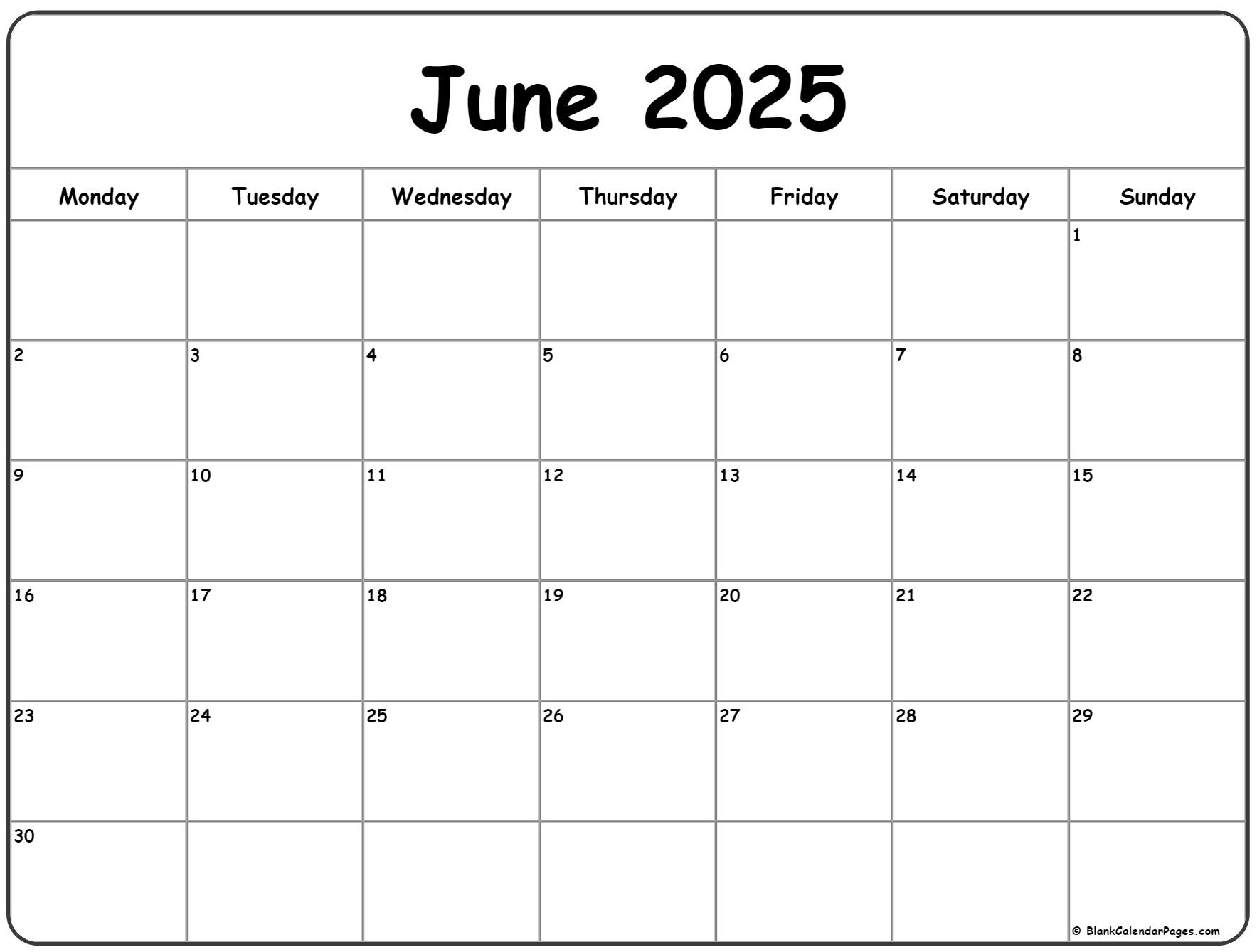 June 2025 Monday Calendar | Monday To Sunday in June 2025 Calendar Monday Start