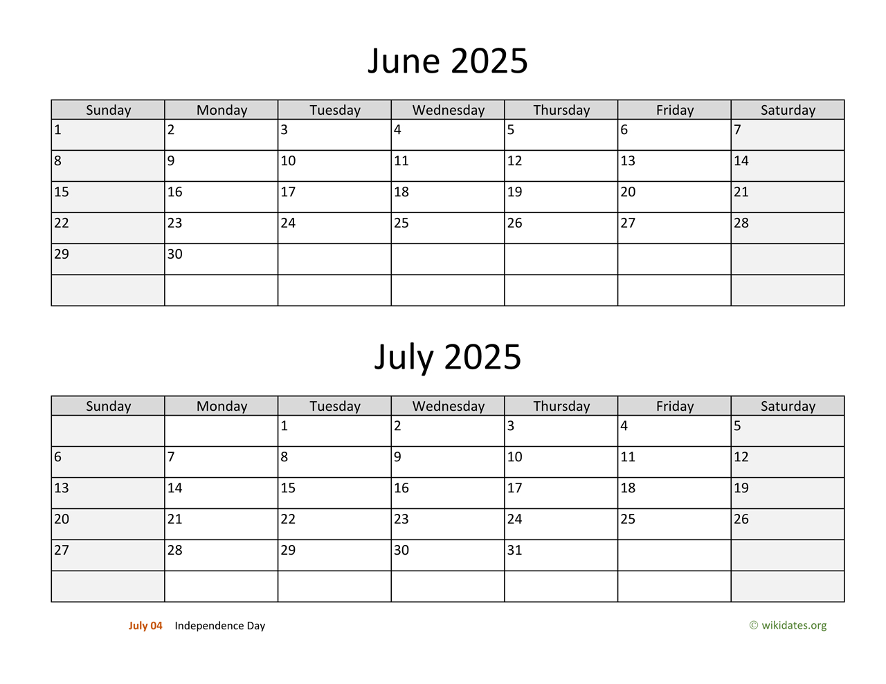 June And July 2025 Calendar | Wikidates inside June And July 2025 Editable Calendar