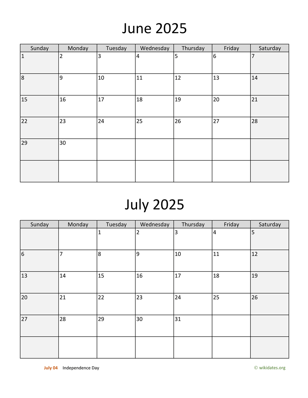 June And July 2025 Calendar | Wikidates throughout June and July 2025 Calender