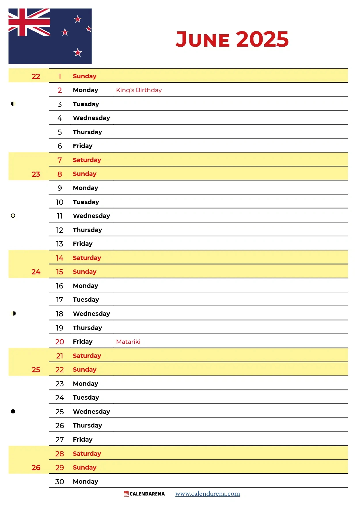 June Calendar 2025 Nz With Holidays in June 2025 Holiday Calendar