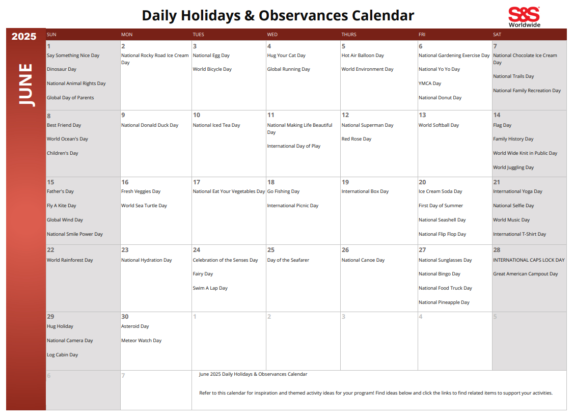 June Daily Holidays &amp;amp; Observances Printable Calendar - S&amp;amp;S Blog throughout Printable June Calendar with Holidays