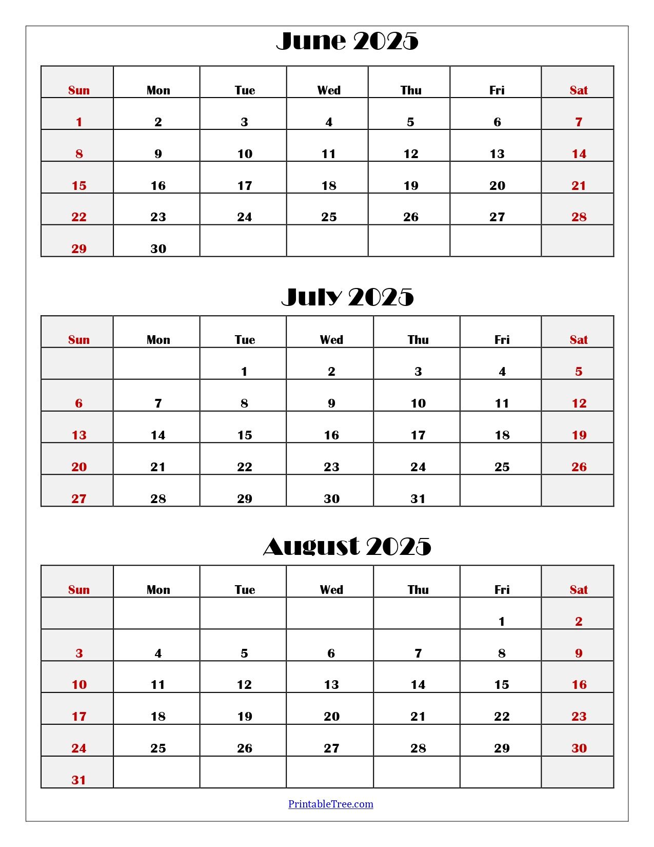 June To August 2025 Calendar Printable Pdf | Three Months Calendar for June - July - August Calendar 2025