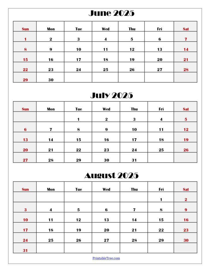 3 Month Calendar Printable June July August 2025