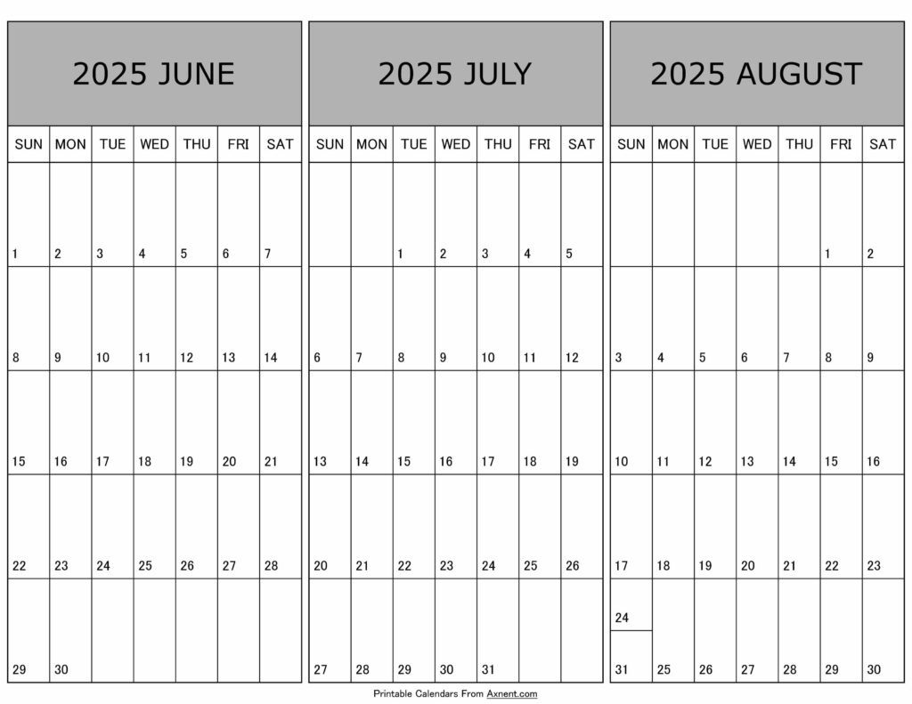 June To August Calendar 2025 Templates - Three Months with 3 Month Calendar June July August 2025