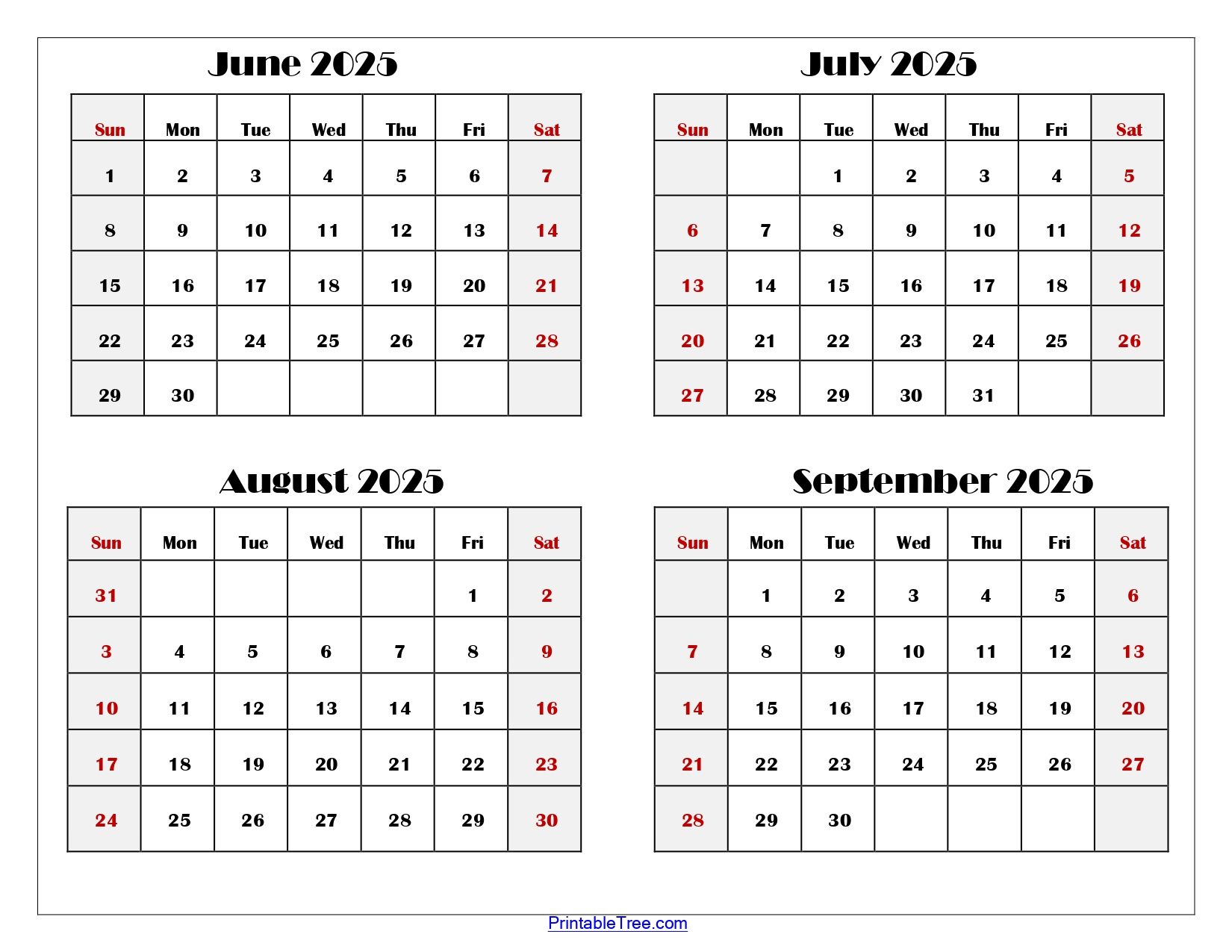 June To September 2025 Calendar Printable Pdf | Four Months Calendar with June July August September 2025 Calendar