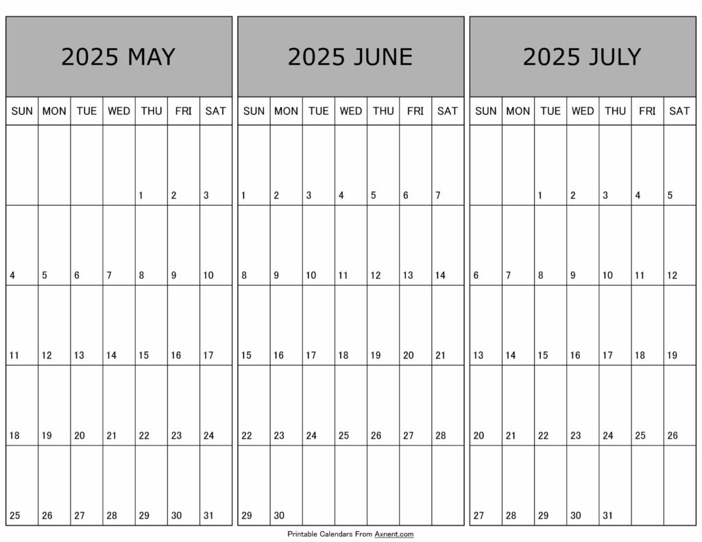 May To July Calendar 2025 Templates - Three Months in 3 Month Calendar May June July 2025
