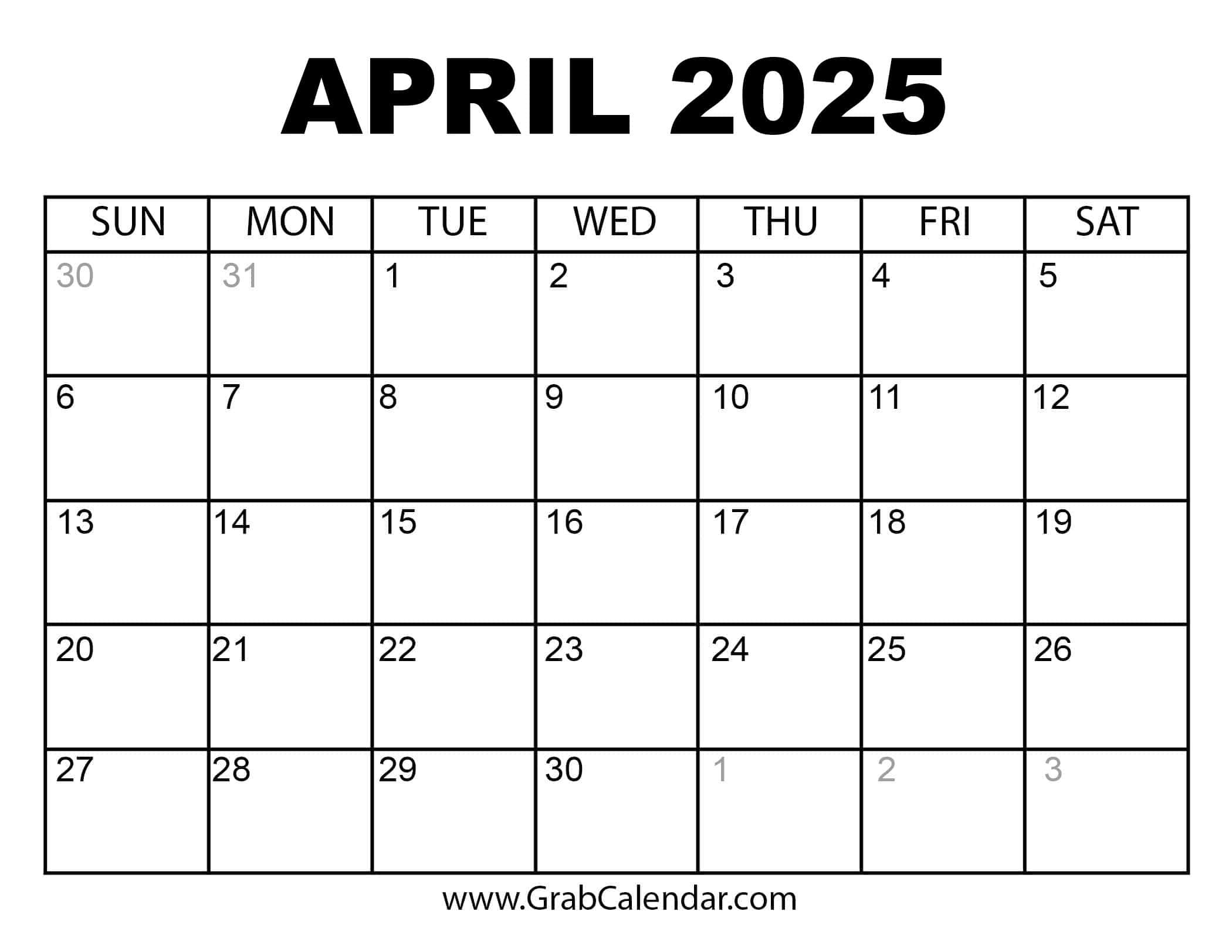 Printable April 2025 Calendar for Grab Calendar June 2025