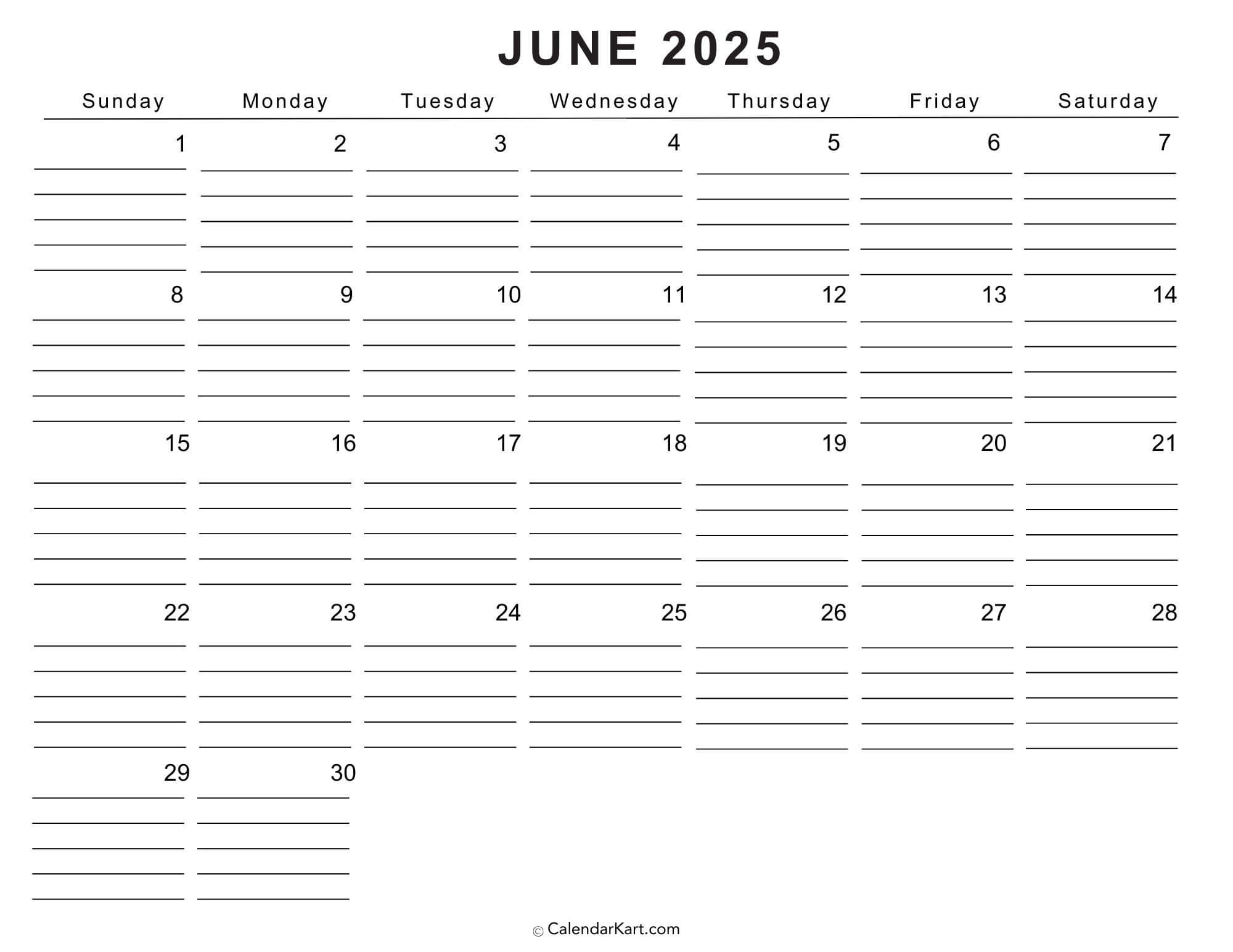 Printable Cute June 2025 Calendar Templates | Calendarkart pertaining to June 2025 Calendar Fillable