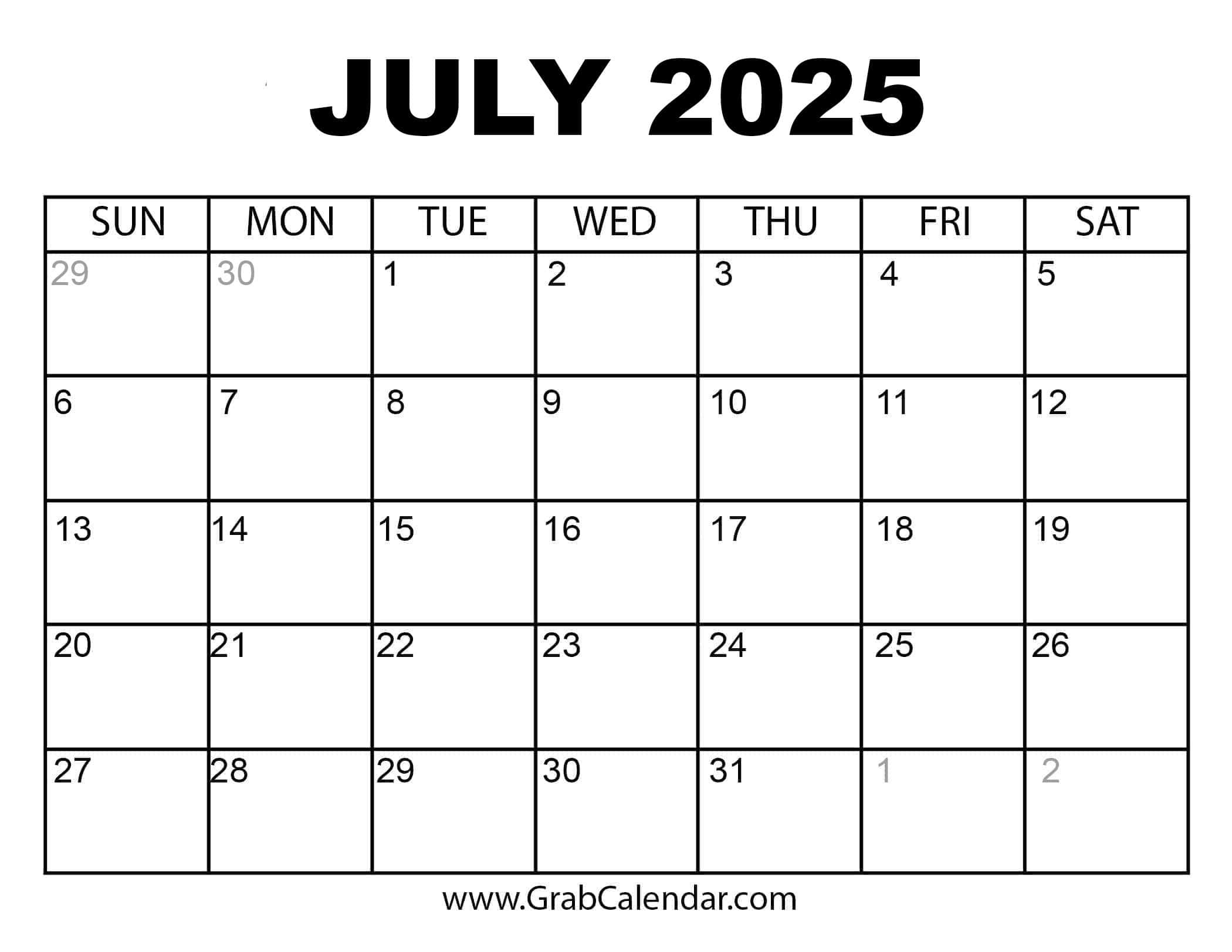 Printable July 2025 Calendar within Printable Calendar July 2024 June 2025